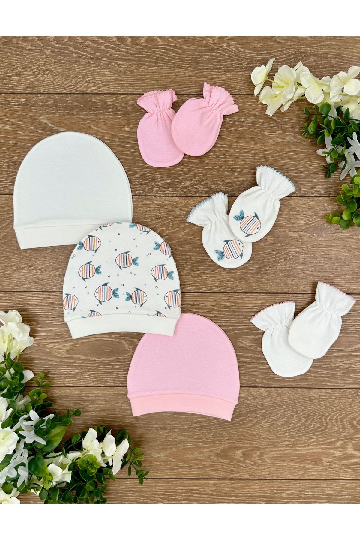 Organic Set of 6 Newborn Baby Boy Hats and Gloves Fish