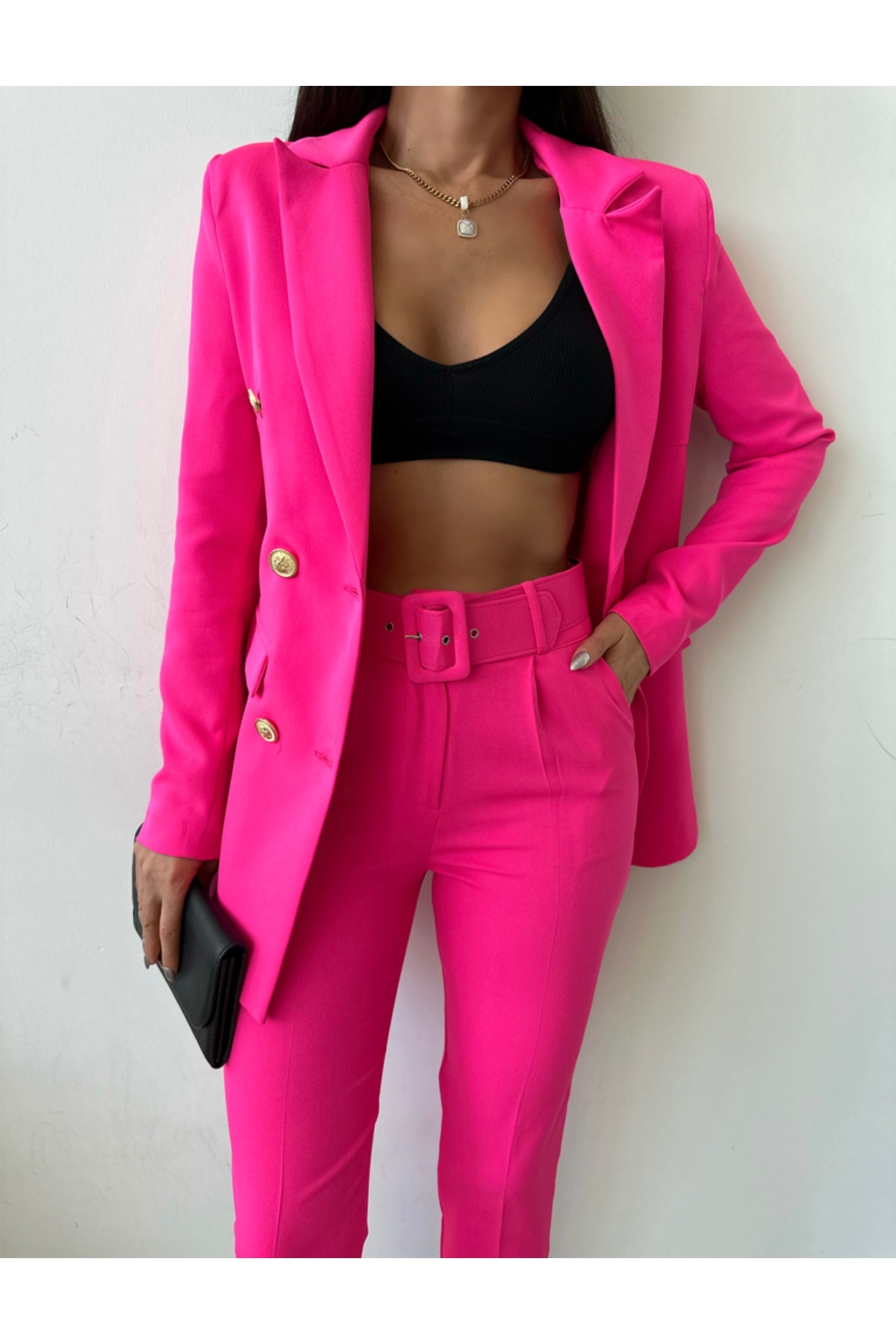 Female Clothing Fuşya Düğmeli Blazer Ceket Esnek Pantolon Kadın Takım Elbise