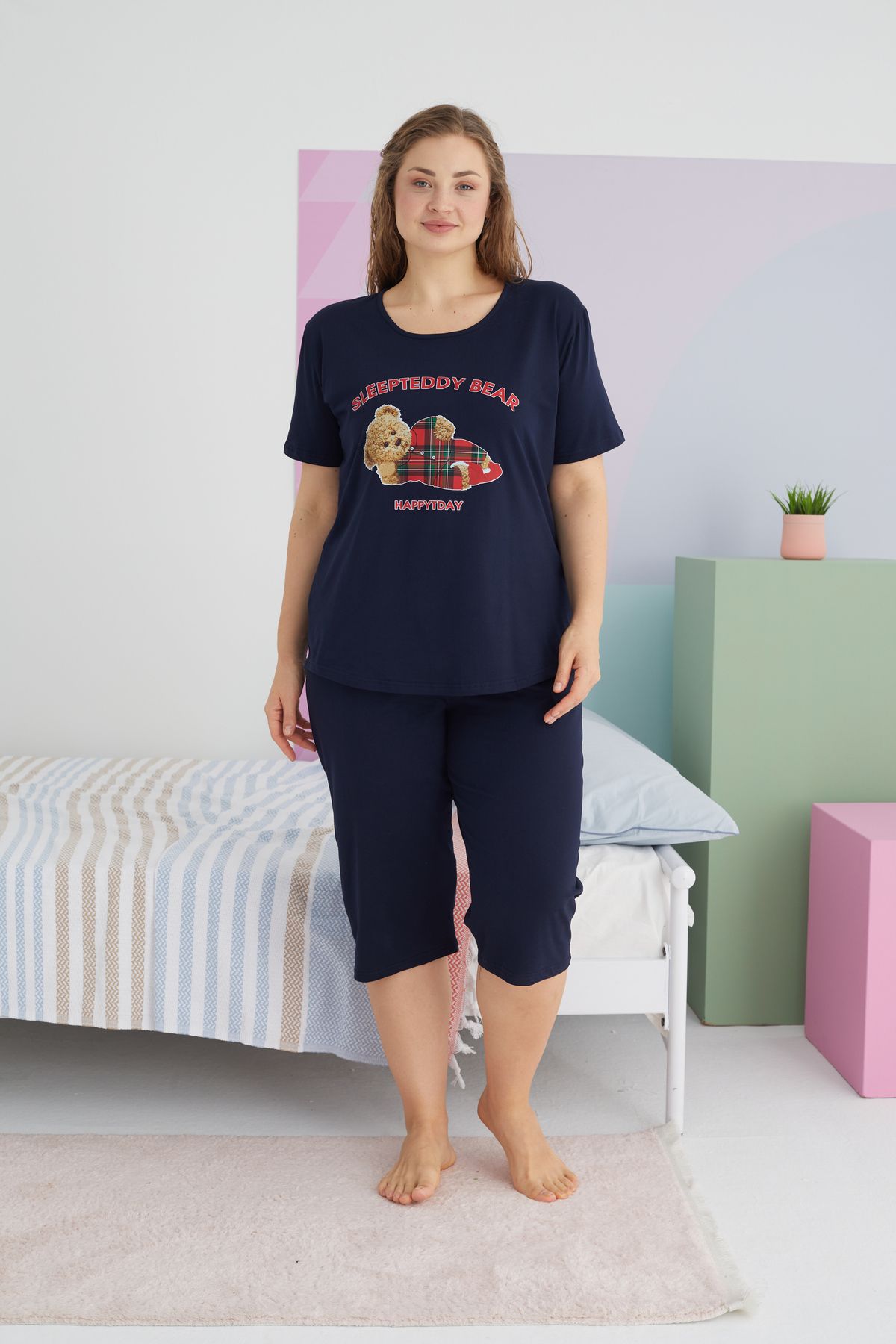 Siyah İnci-Navy Blue Curve Oversize Cotton Capri Set - Plus Size 2