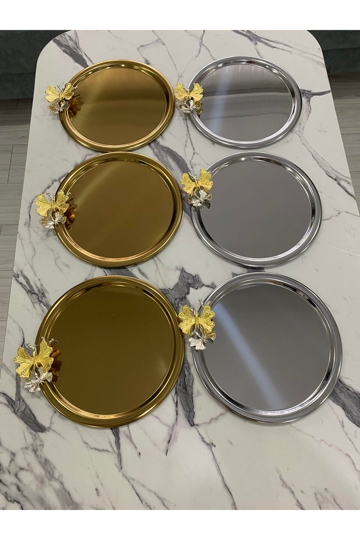 3 Silver 3 Gold Round Serving Tray with 6 Butterflies Decorative Serving Tray Tea, Coffee 22 Cm