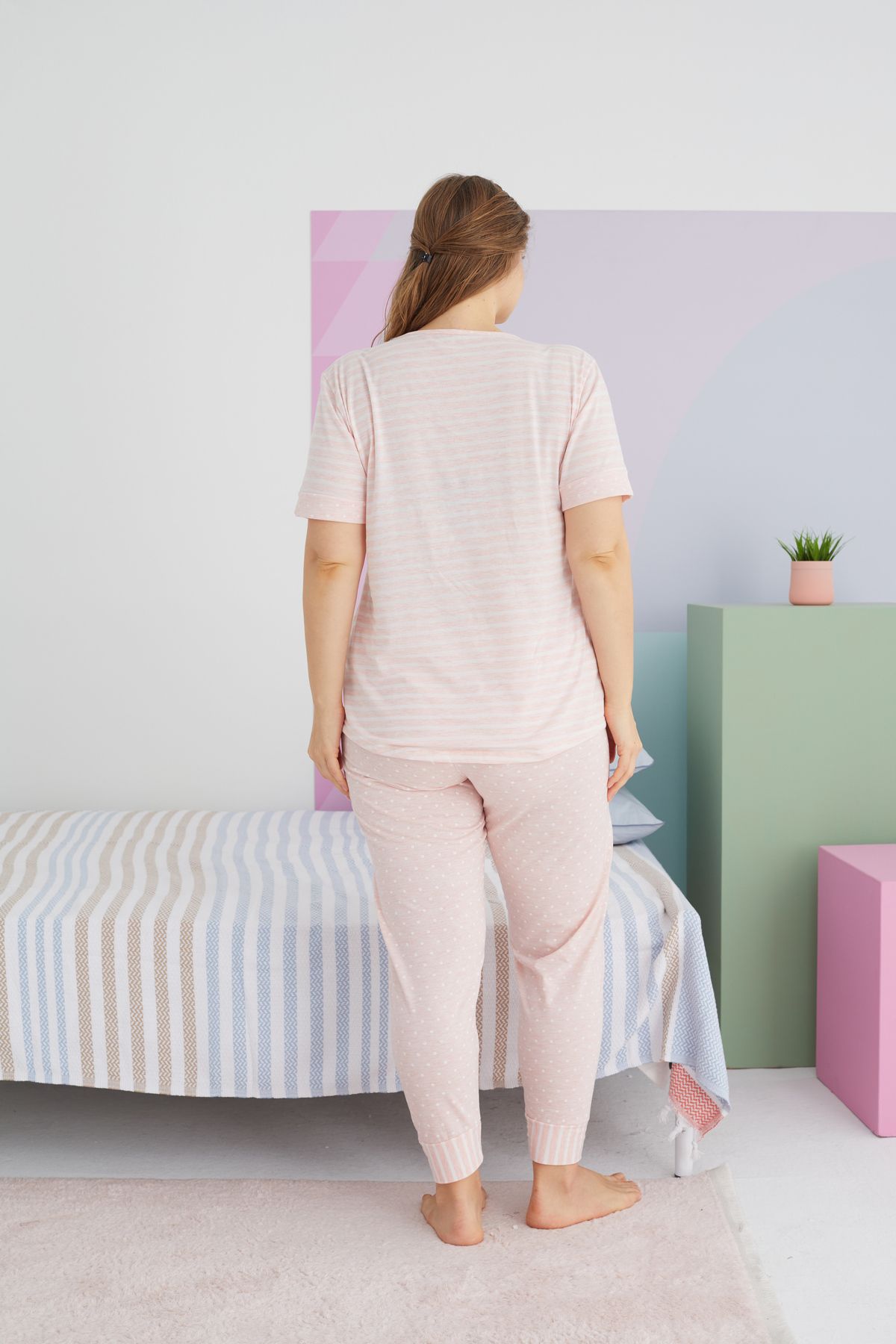 Siyah İnci-Plus Size King Size Βαμβακερή Πλεκτή Πιτζάμες - Πολύχρωμη Καμπύλη 3