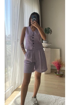 cn novembersun Kadın Keten Lila Yelek Şort 2li Takım