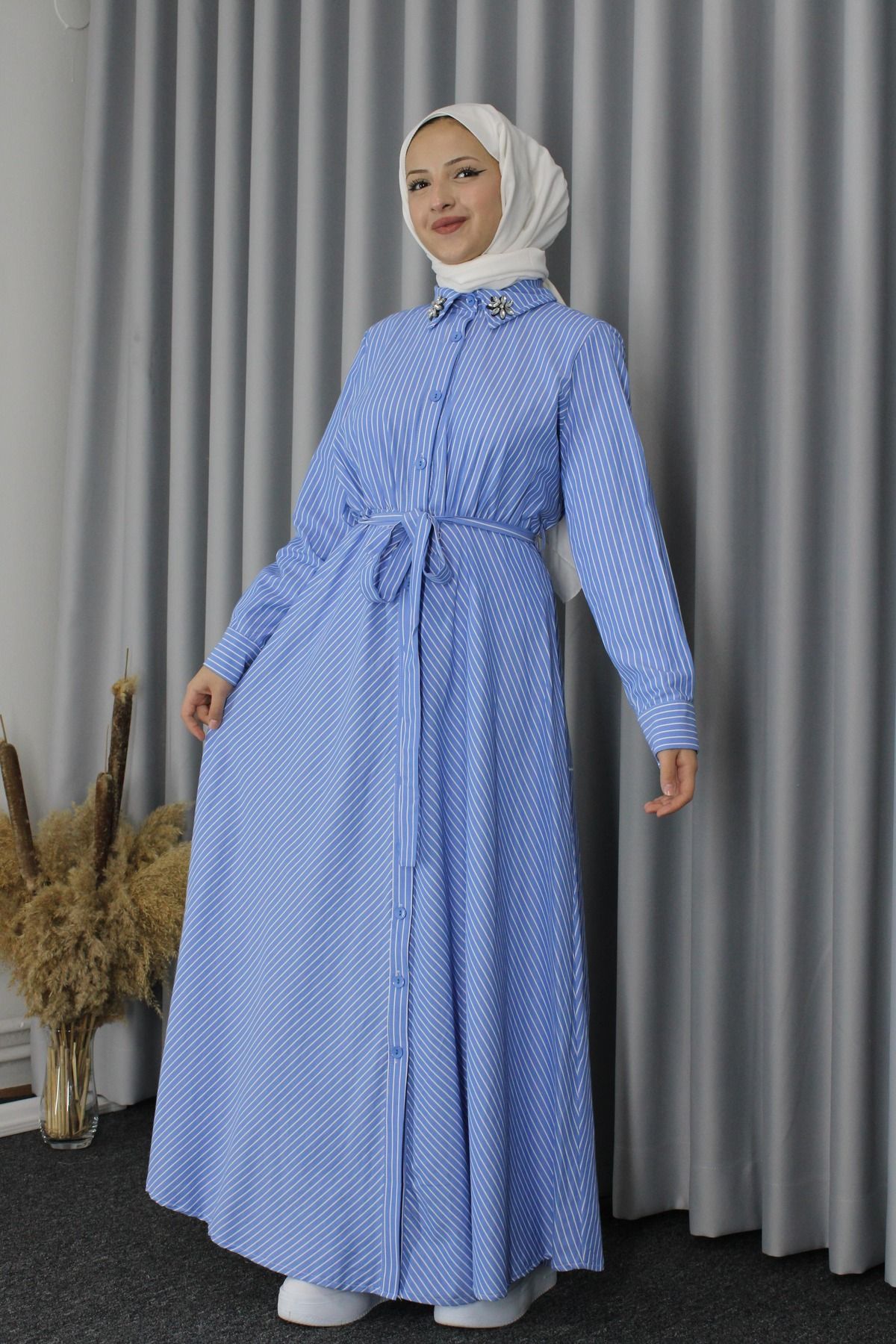 HİJAB STORE-Hijab Shirt Dress - Blue Striped 2