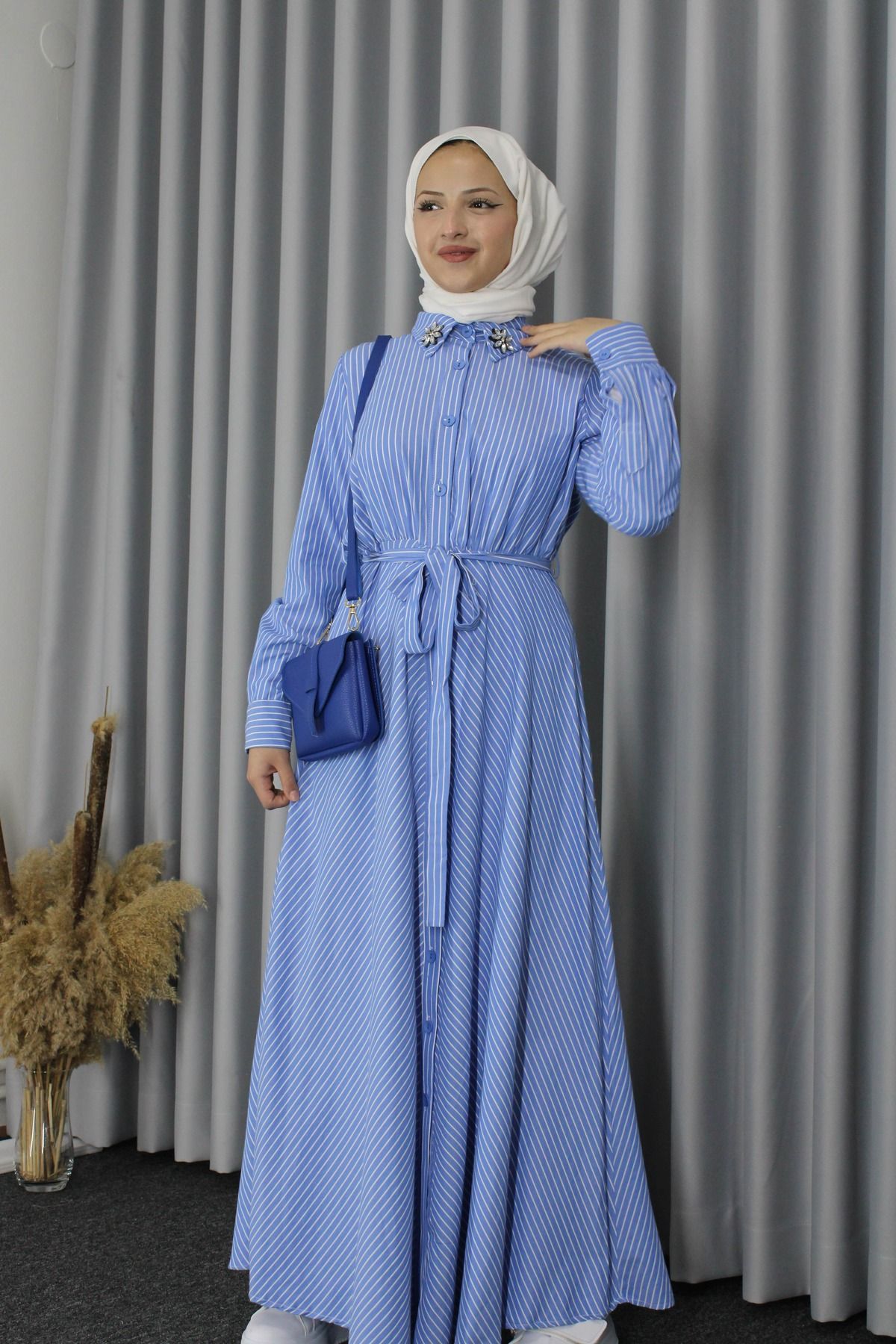 HİJAB STORE-Hijab Shirt Dress - Blue Striped 3