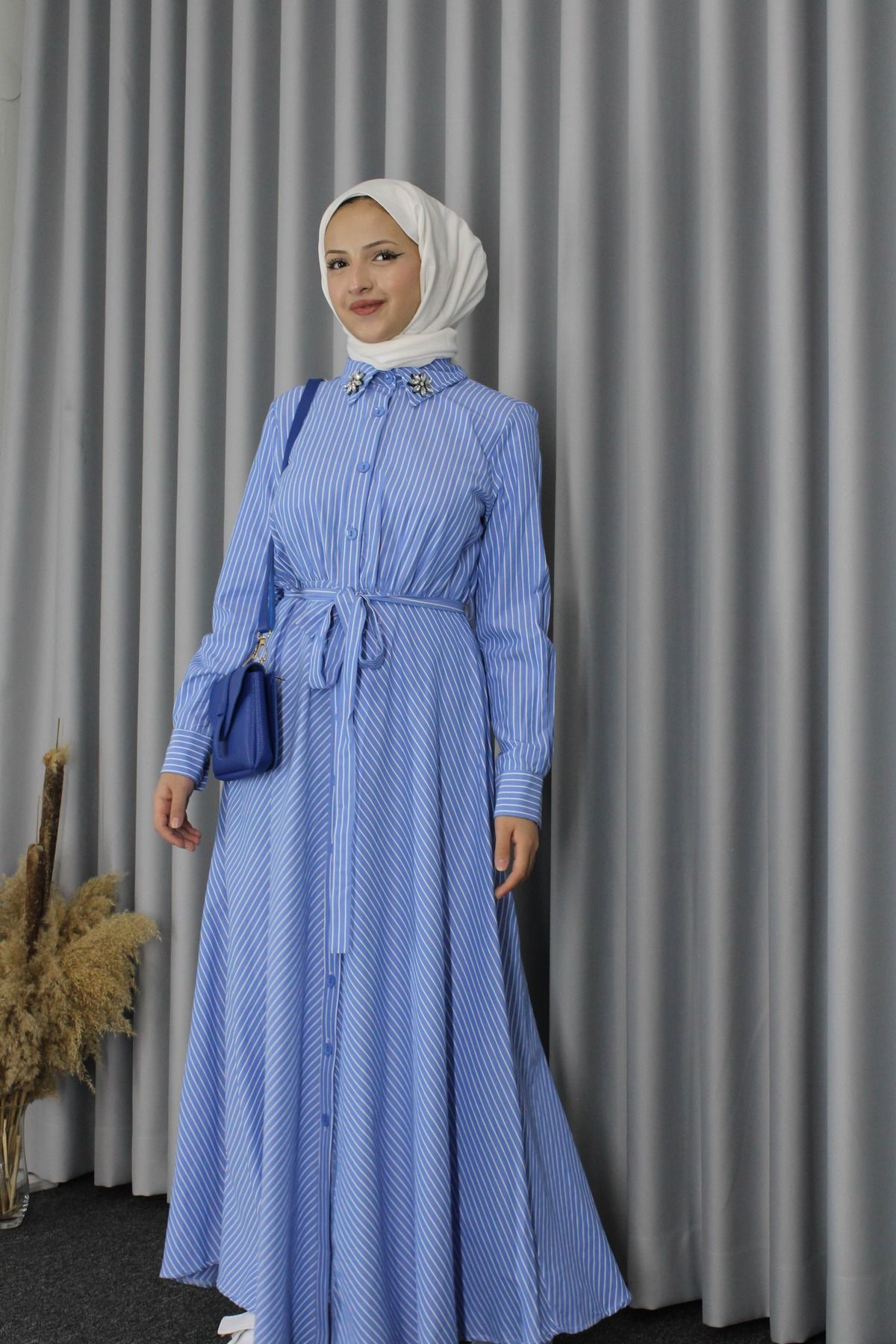 HİJAB STORE-Hijab Shirt Dress - Blue Striped 5