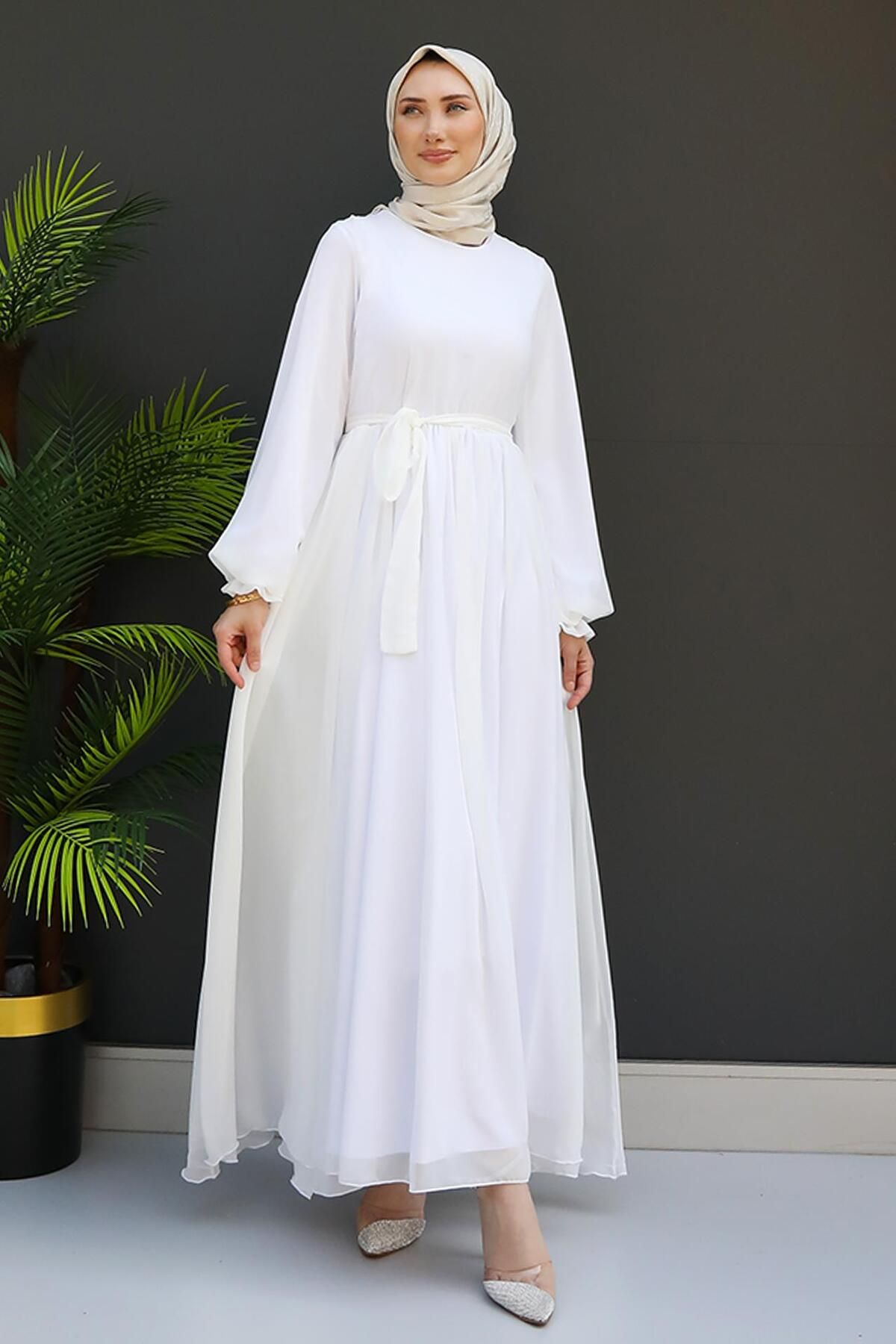 GİZ AGİYİM-Λευκό Hijab Chiffon Φόρεμα - Nare 3
