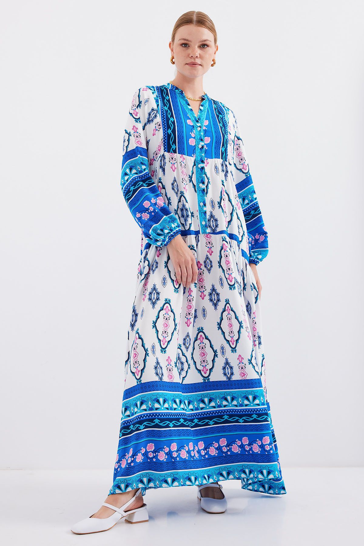 Bigdart-2423 Authentic Patterned Dress - E. Blue 2