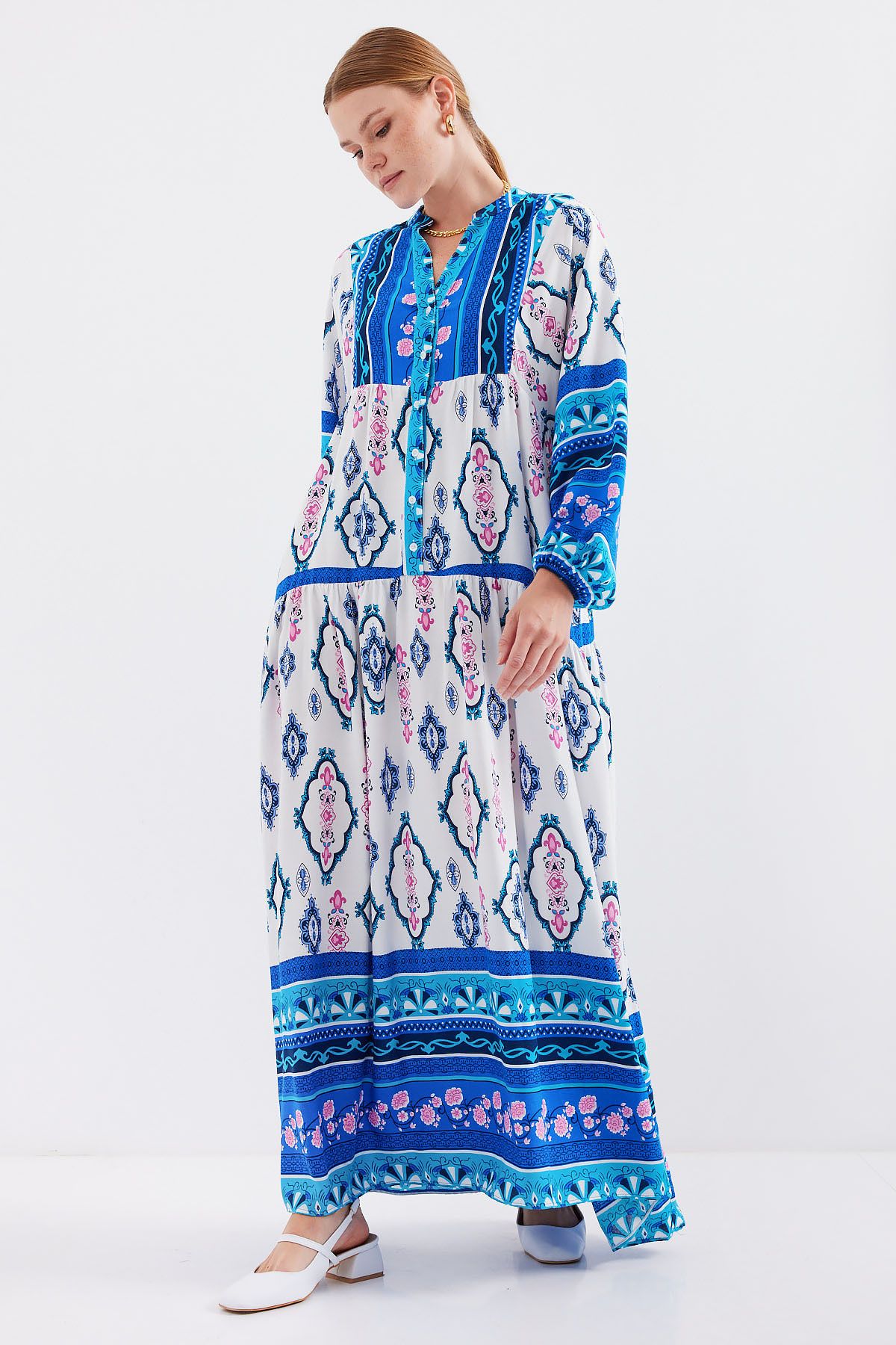 Bigdart-2423 Authentic Patterned Dress - E. Blue 4