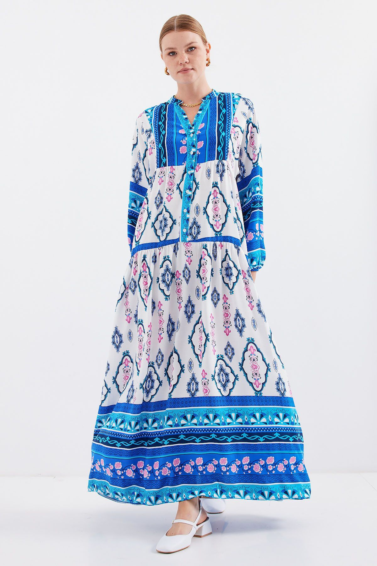 Bigdart-2423 Authentic Patterned Dress - E. Blue 1