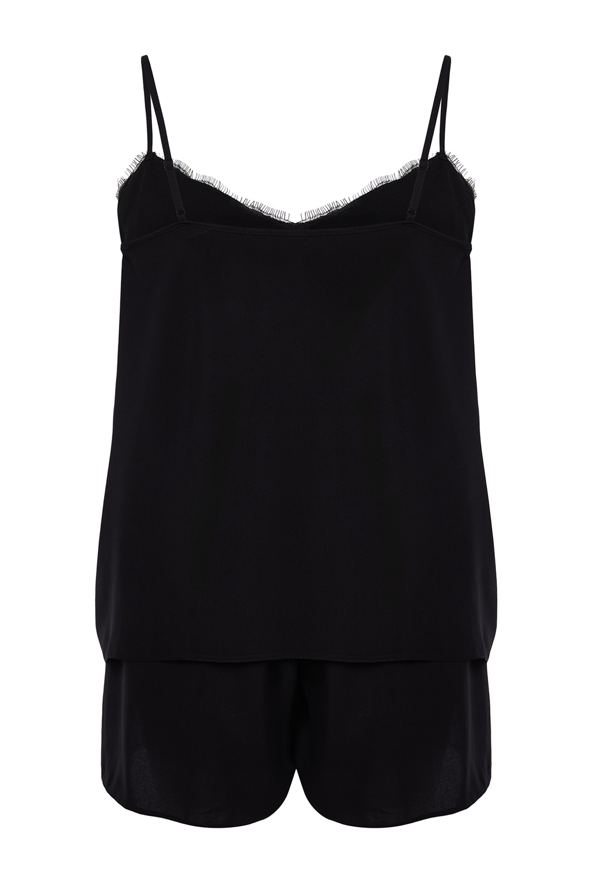 Trendyol Curve-Schwarzes Pyjama-Set aus gewebtem Stoff mit V-Ausschnitt und Spitzendetail TBBSS24AI00063 7