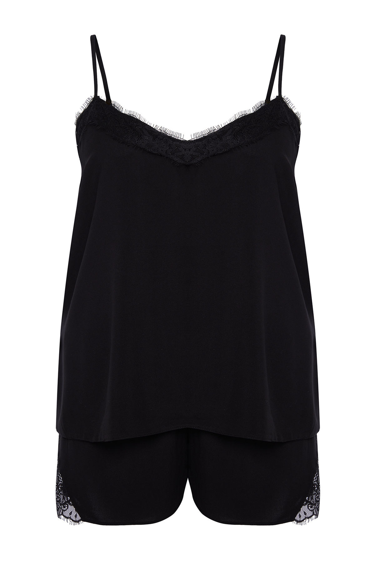 Trendyol Curve-Schwarzes Pyjama-Set aus gewebtem Stoff mit V-Ausschnitt und Spitzendetail TBBSS24AI00063 6