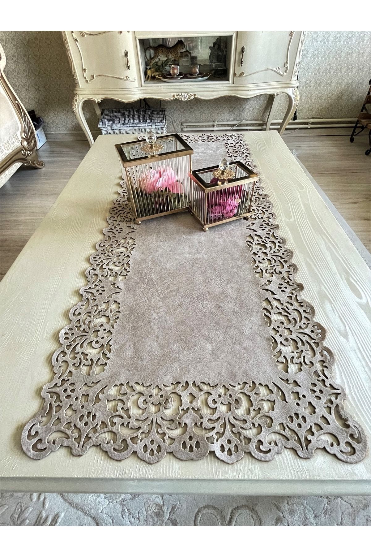 Ergüven Home-40X100 cm Rectangular Model Suede Runner - Dark Beige (Stone Color) Coffee Table Length 1