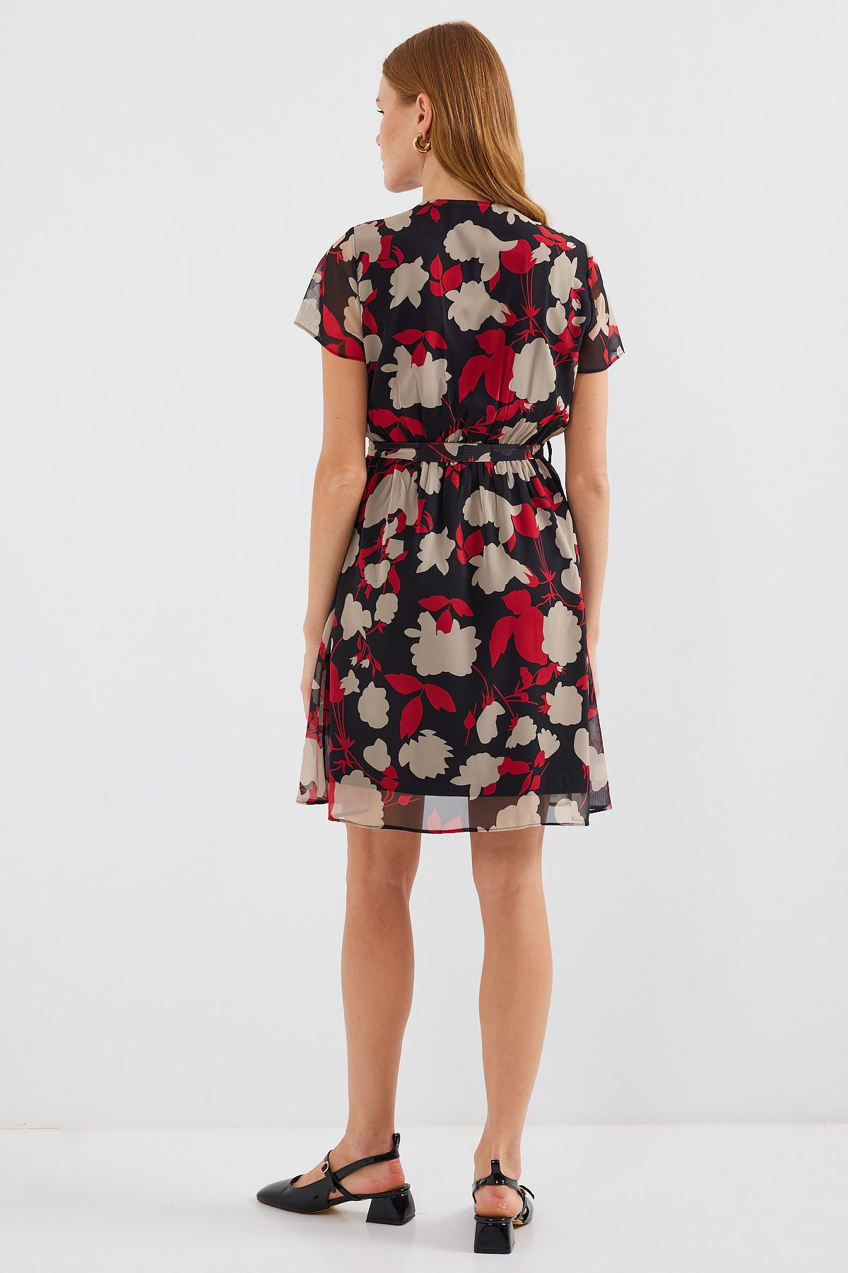 Bigdart-2502 Model Burgundy Chiffon Dress - Short Sleeve and Patterned 5