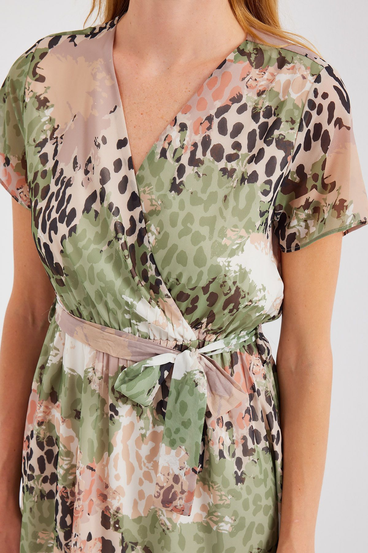 Bigdart-Çağla - 2502 Model Short Sleeve and Patterned Chiffon Dress 6