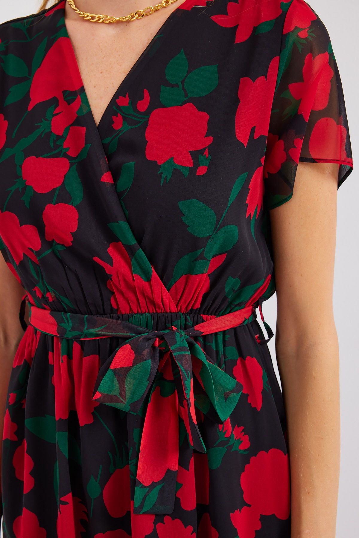 Bigdart-2502 Model - Black Chiffon Dress, Short Sleeve and Print 5