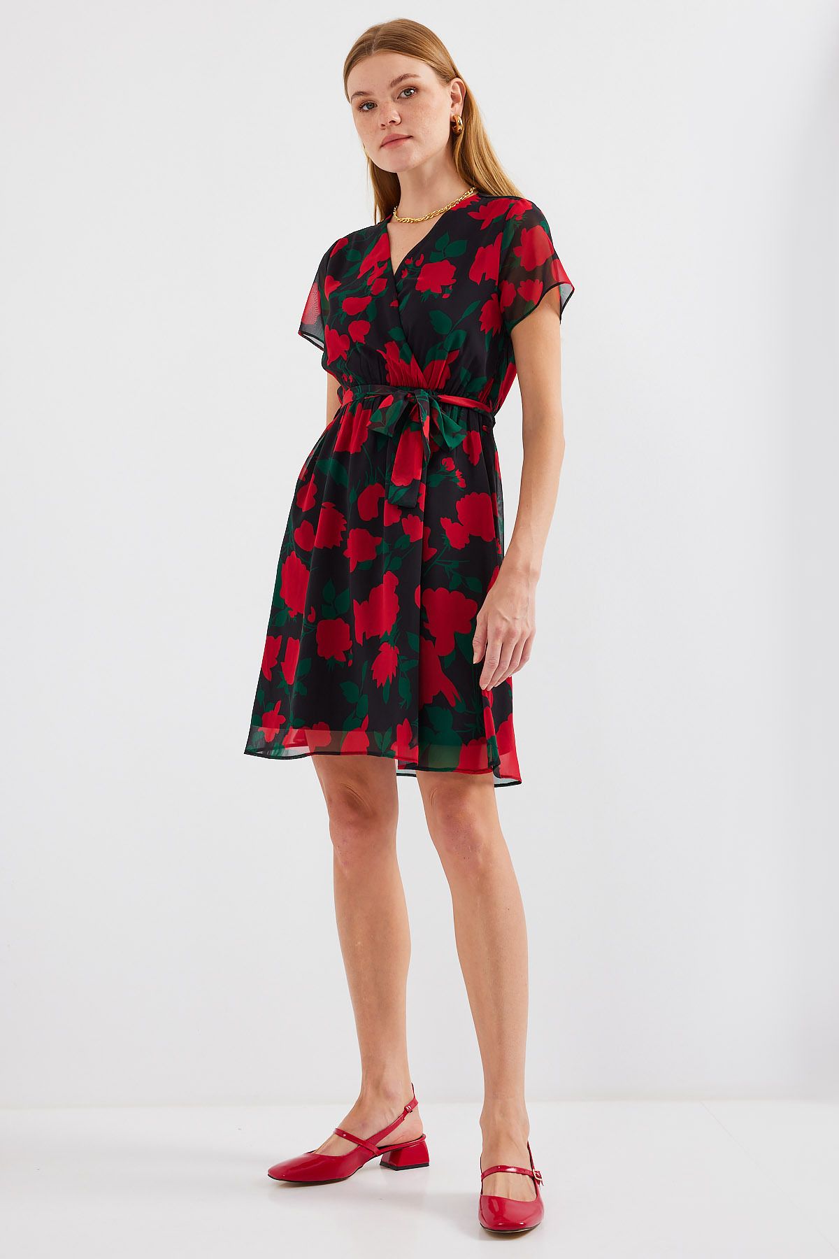 Bigdart-2502 Model - Black Chiffon Dress, Short Sleeve and Print 4