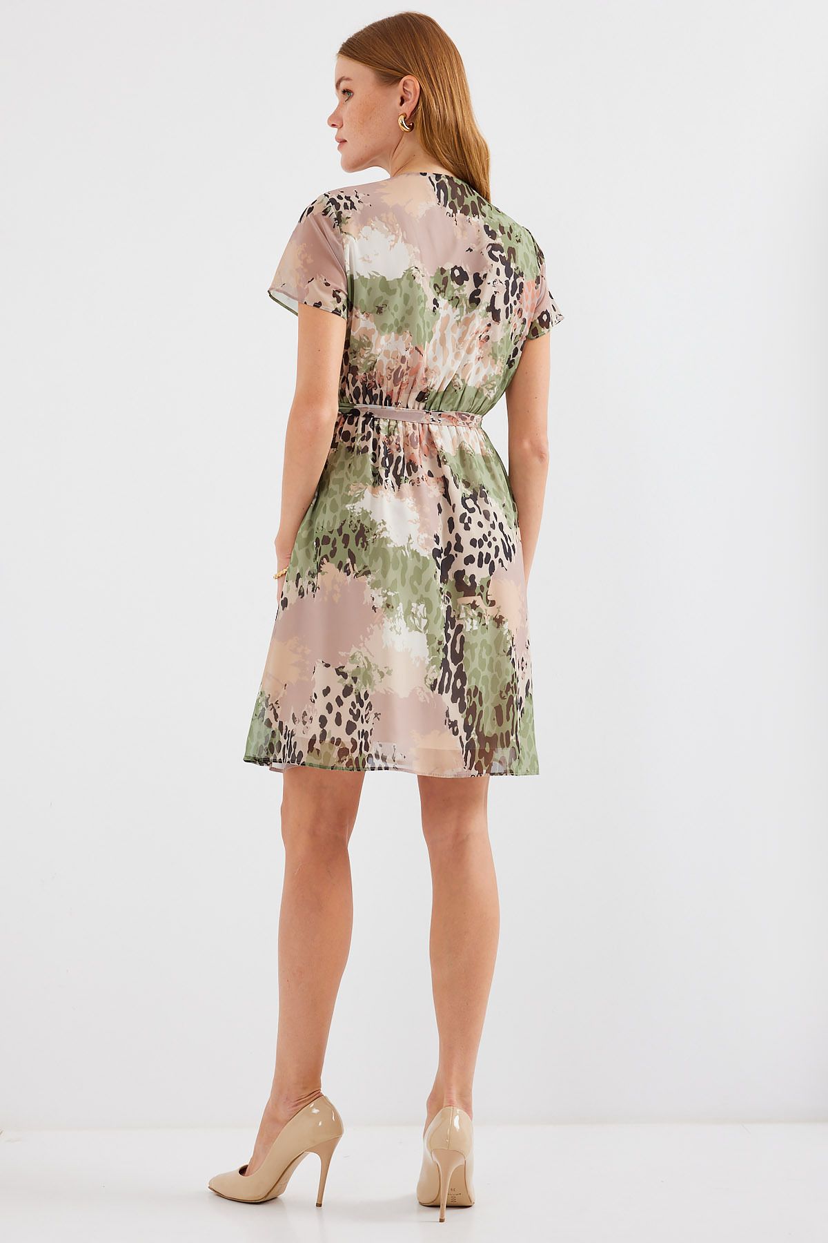 Bigdart-Çağla - 2502 Model Short Sleeve and Patterned Chiffon Dress 7