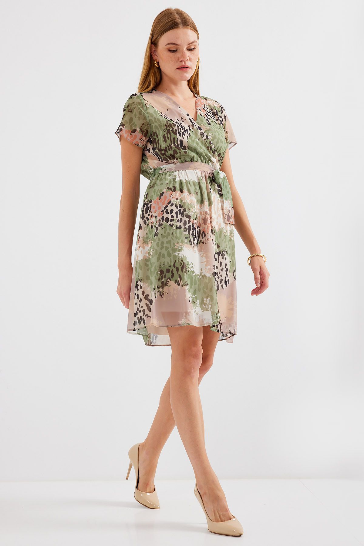 Bigdart-Çağla - 2502 Model Short Sleeve and Patterned Chiffon Dress 5
