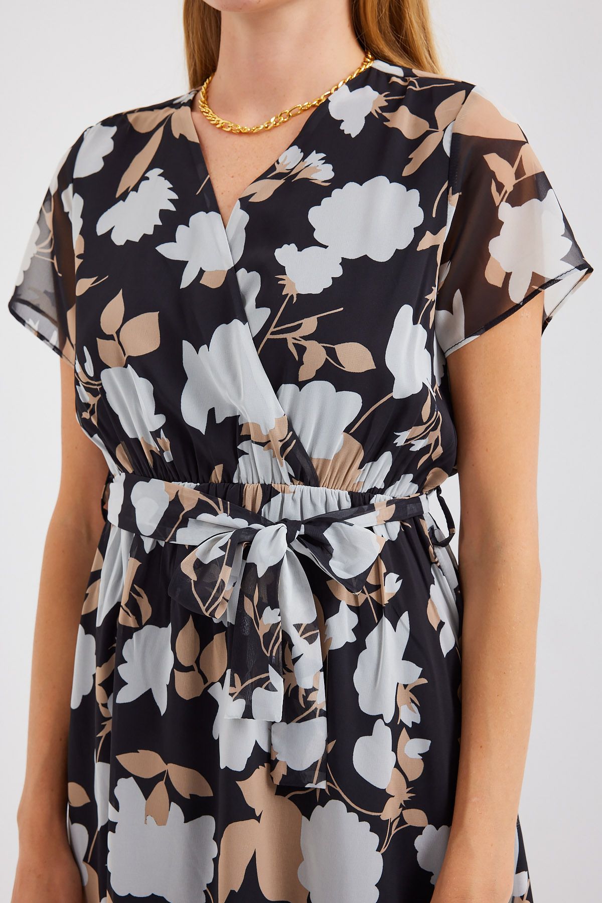 Bigdart-2502 Model - Black Chiffon Dress, Short Sleeve and Print 5