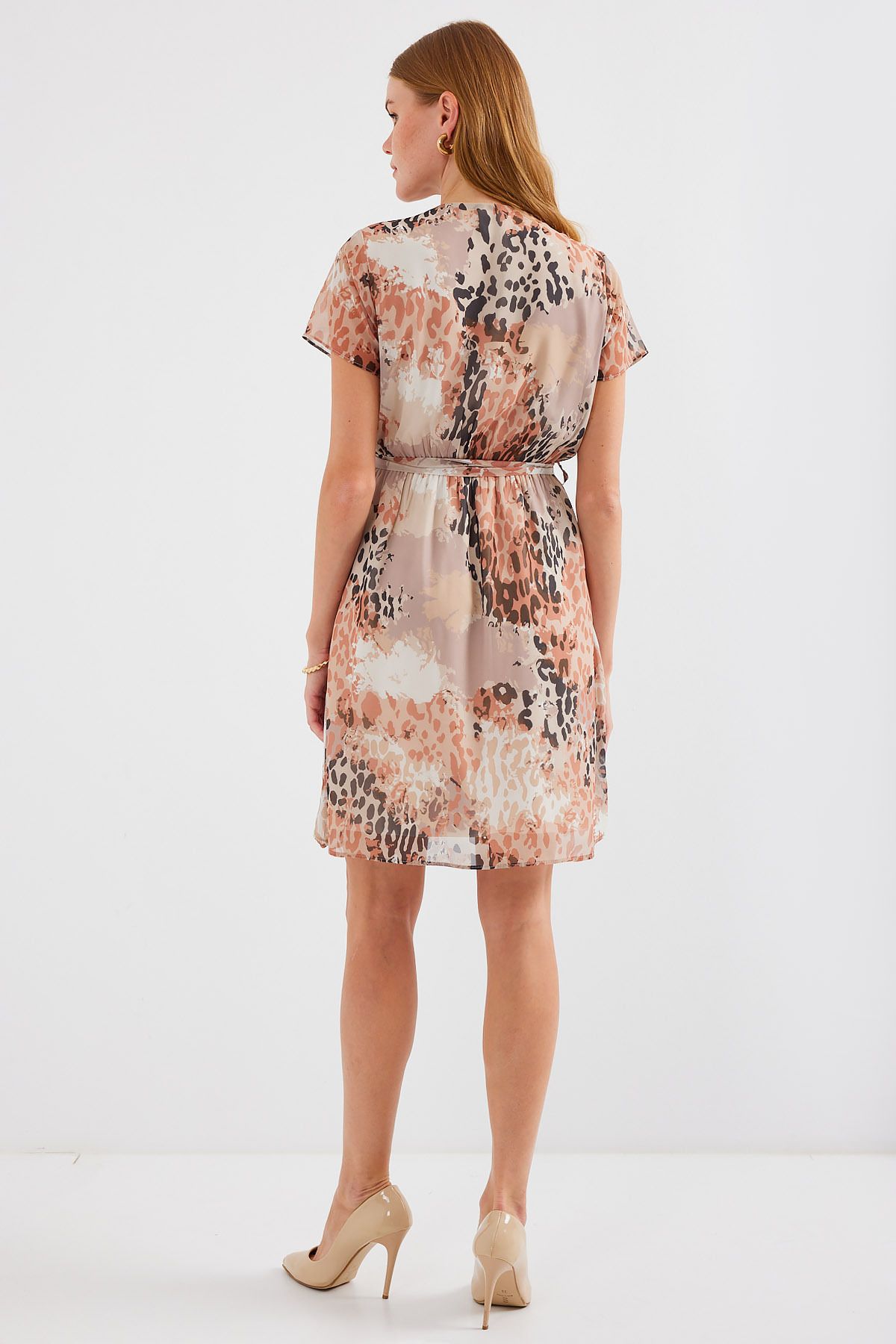 Bigdart-2502 Model Beige Chiffon Dress - Short Sleeve and Patterned 6