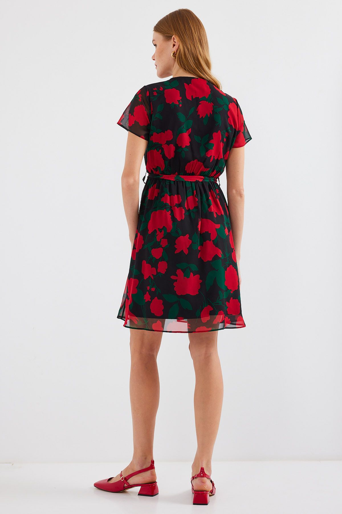 Bigdart-2502 Model - Black Chiffon Dress, Short Sleeve and Print 6
