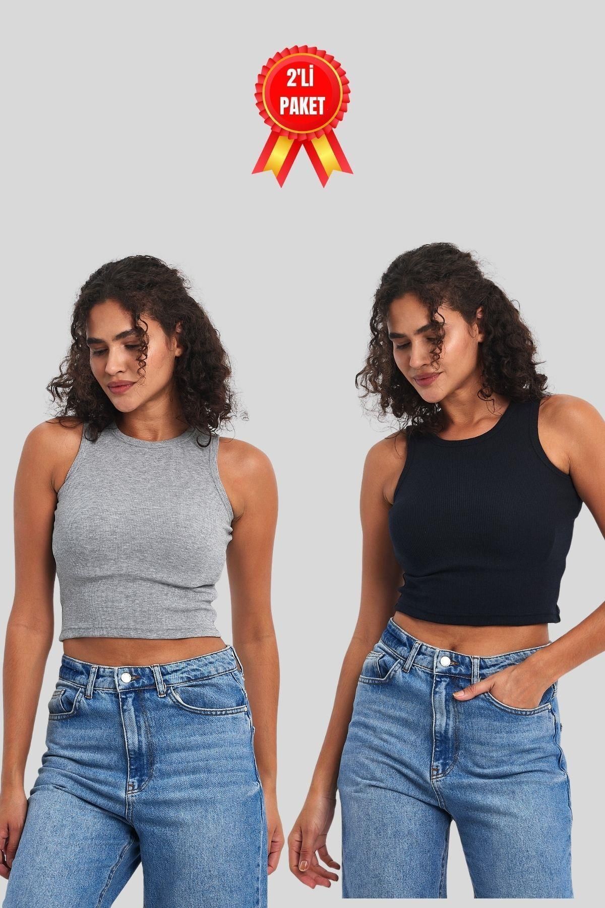 COMEOR Kadın Gri-lacivert Fitilli Görünümlü Askılı Kalın Esnek Örme 2'li Basic Crop Atlet Bluz