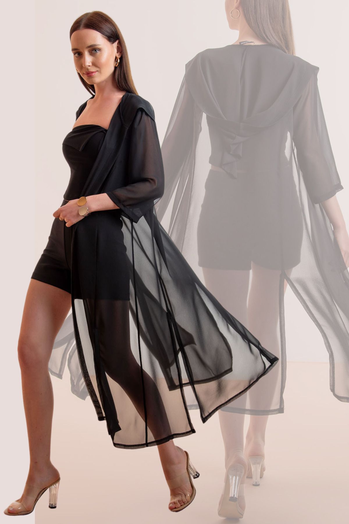 Laranor-Cardigan și costum de baie din șifon Top bikini - Design multifuncțional Îmbrăcăminte de plajă cu glugă și detaliu cu fante 2
