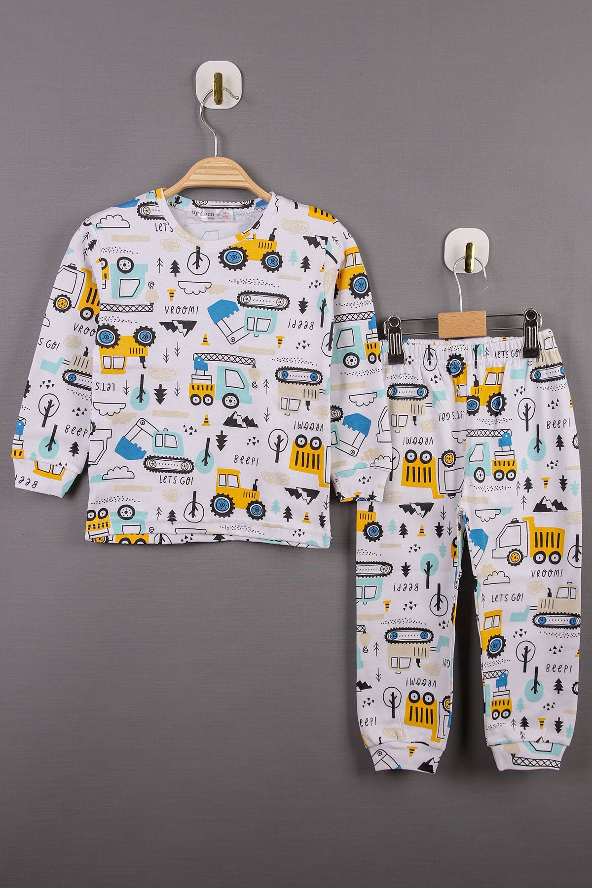 İş Makineleri Desenli %100 Pamuk Erkek Çocuk Pijama Takım