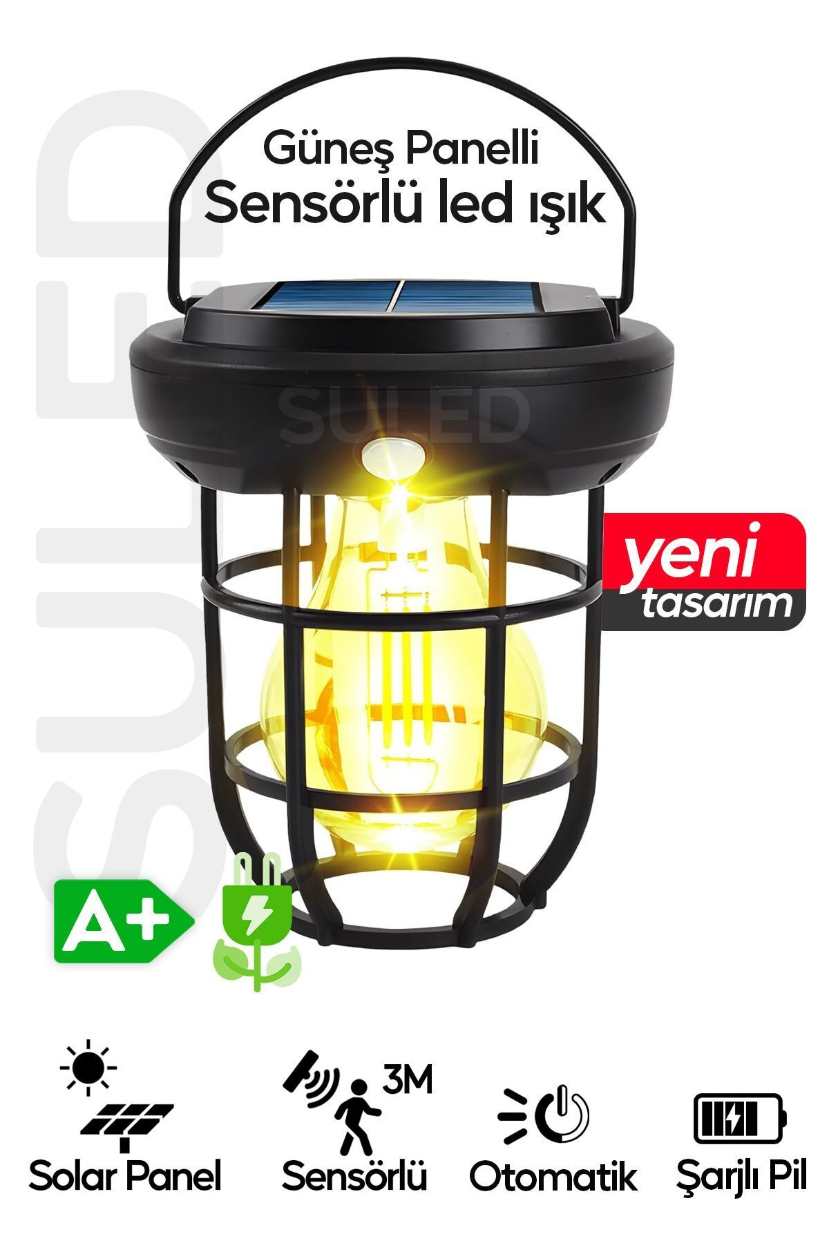 SULED Solar Şarjlı Hareket Sensörlü Led Fener Işık 15W Askılı 3 Modlu Otomatik Led Kamp Bahçe Lambası