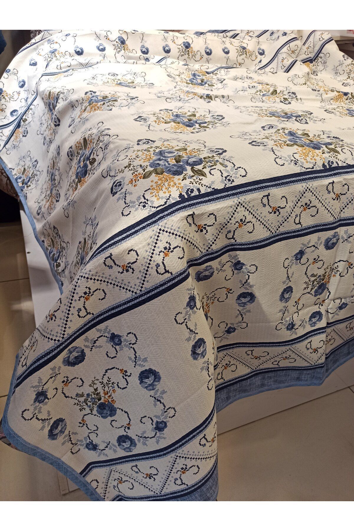 Buket Desen Baskılı 150x240 Cm. Tek Kişilik Tek Pike - Mavi