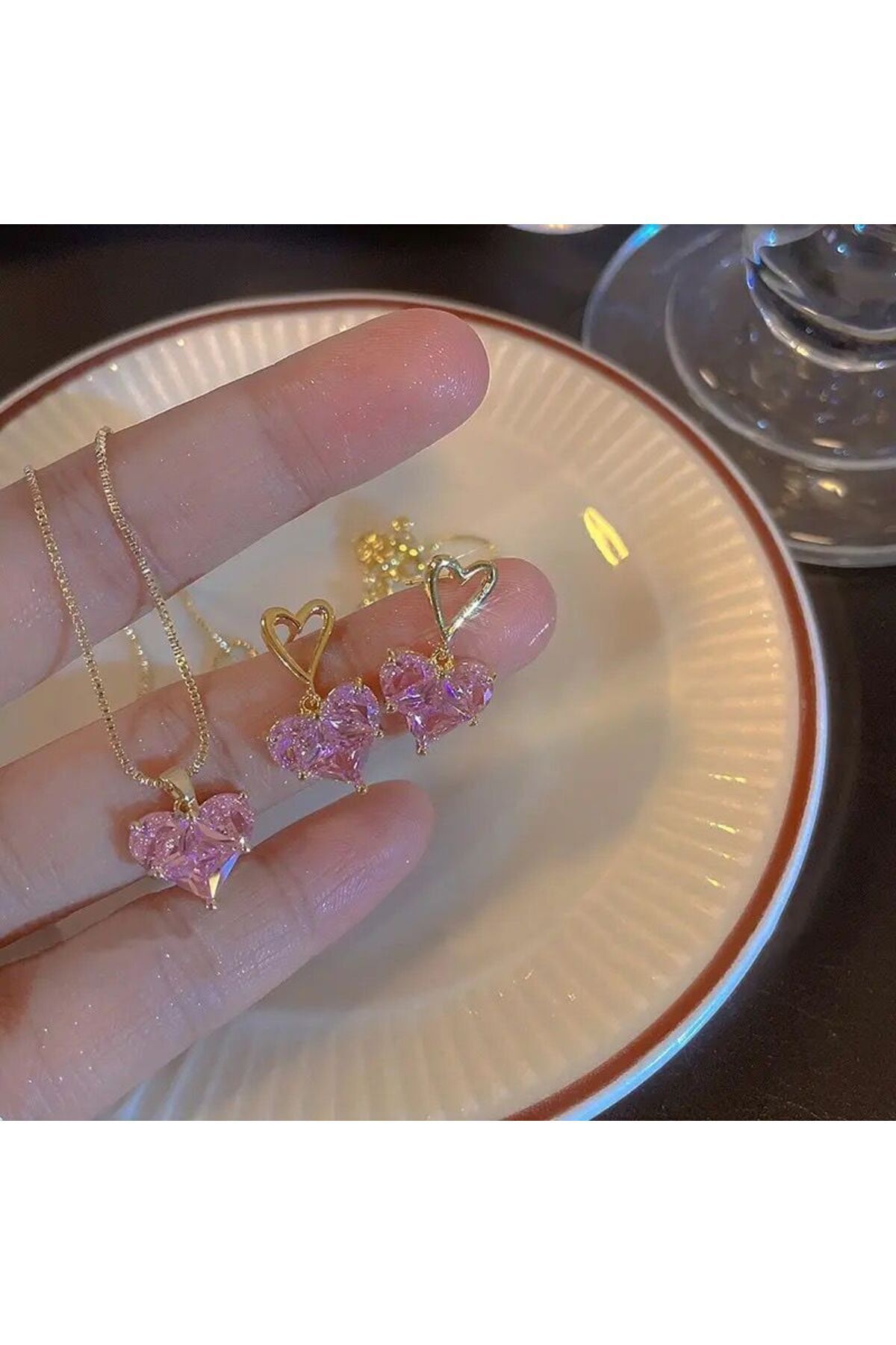 316L medikal Çelik  Gold Renk Pembe Zirkon Taşlı Kalp Model Kolye küpe sevgiliye hediye kadın hediye