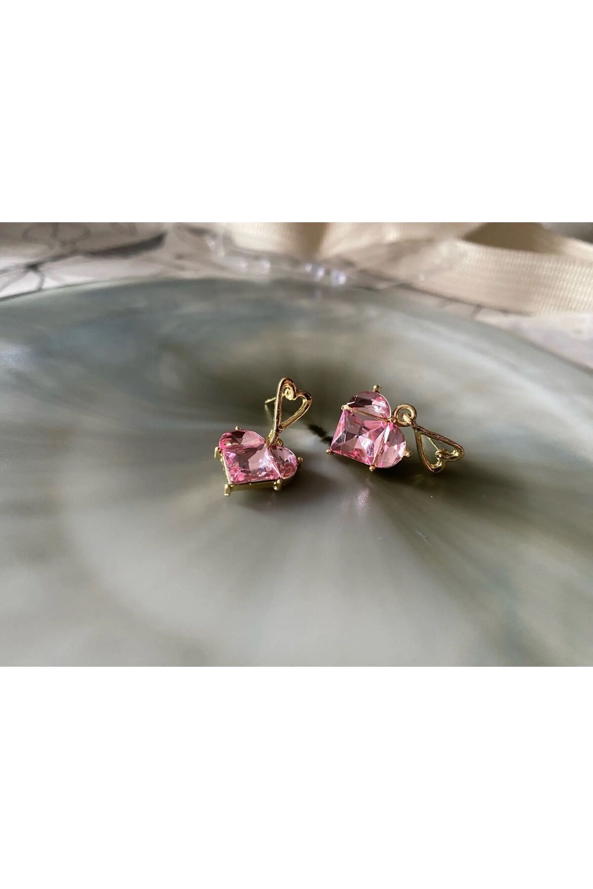 316L medikal Çelik  Gold Renk Pembe Zirkon Taşlı Kalp Model Kolye küpe sevgiliye hediye kadın hediye 3