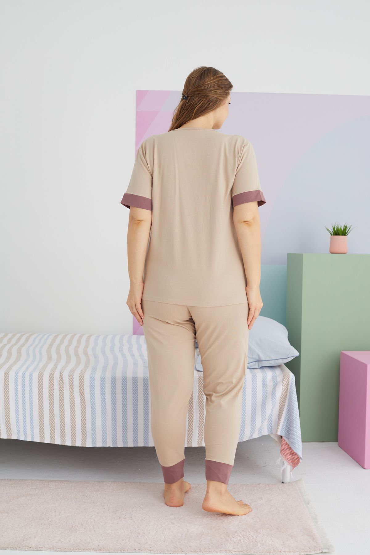 Siyah İnci-Set pijama tricotată din bumbac, mărime Plus - Culoare Piatră 3
