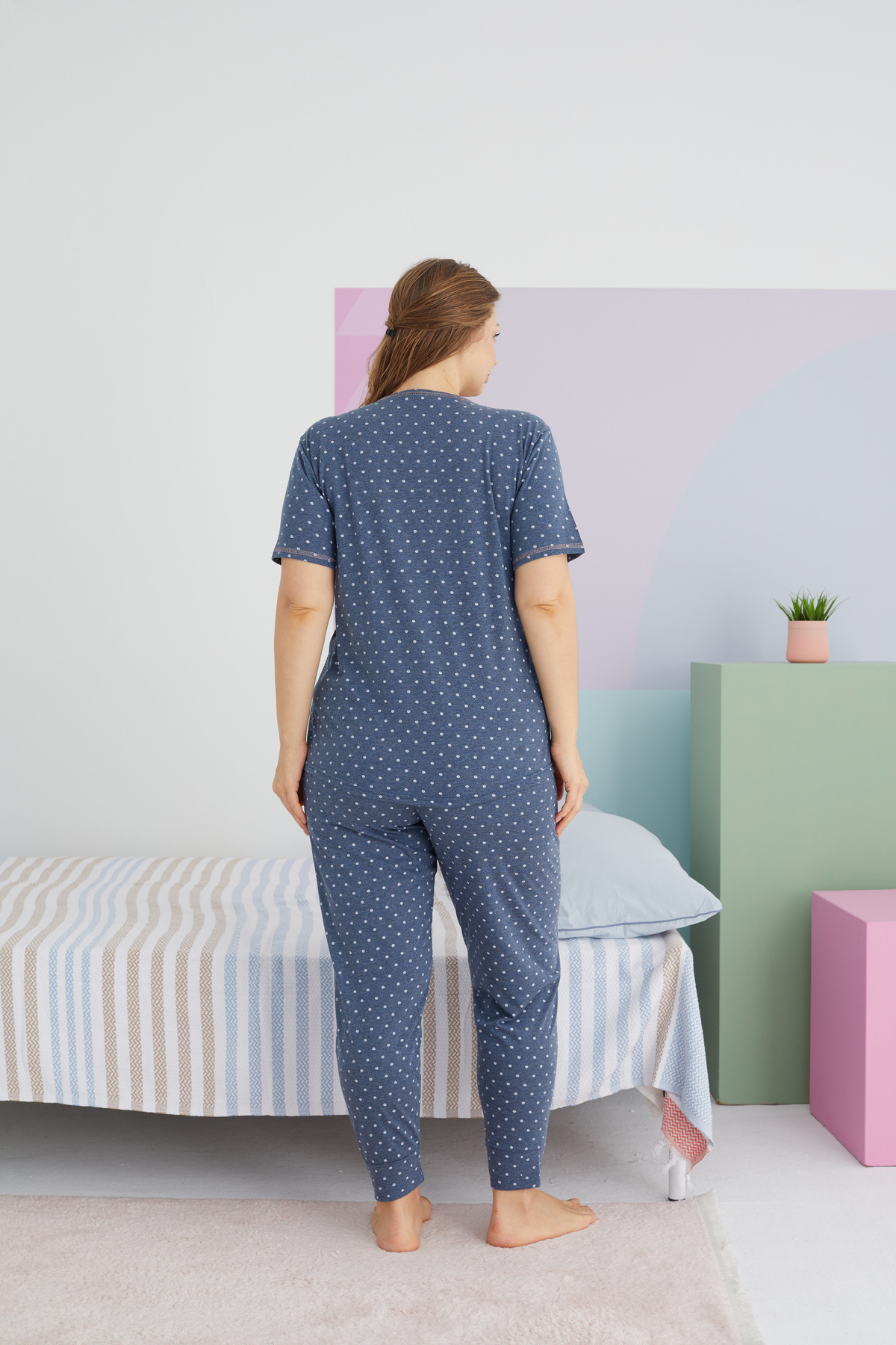 Siyah İnci-Plus Size King Size Curve Βαμβακερή Πιτζάμες - Πολύχρωμη 3