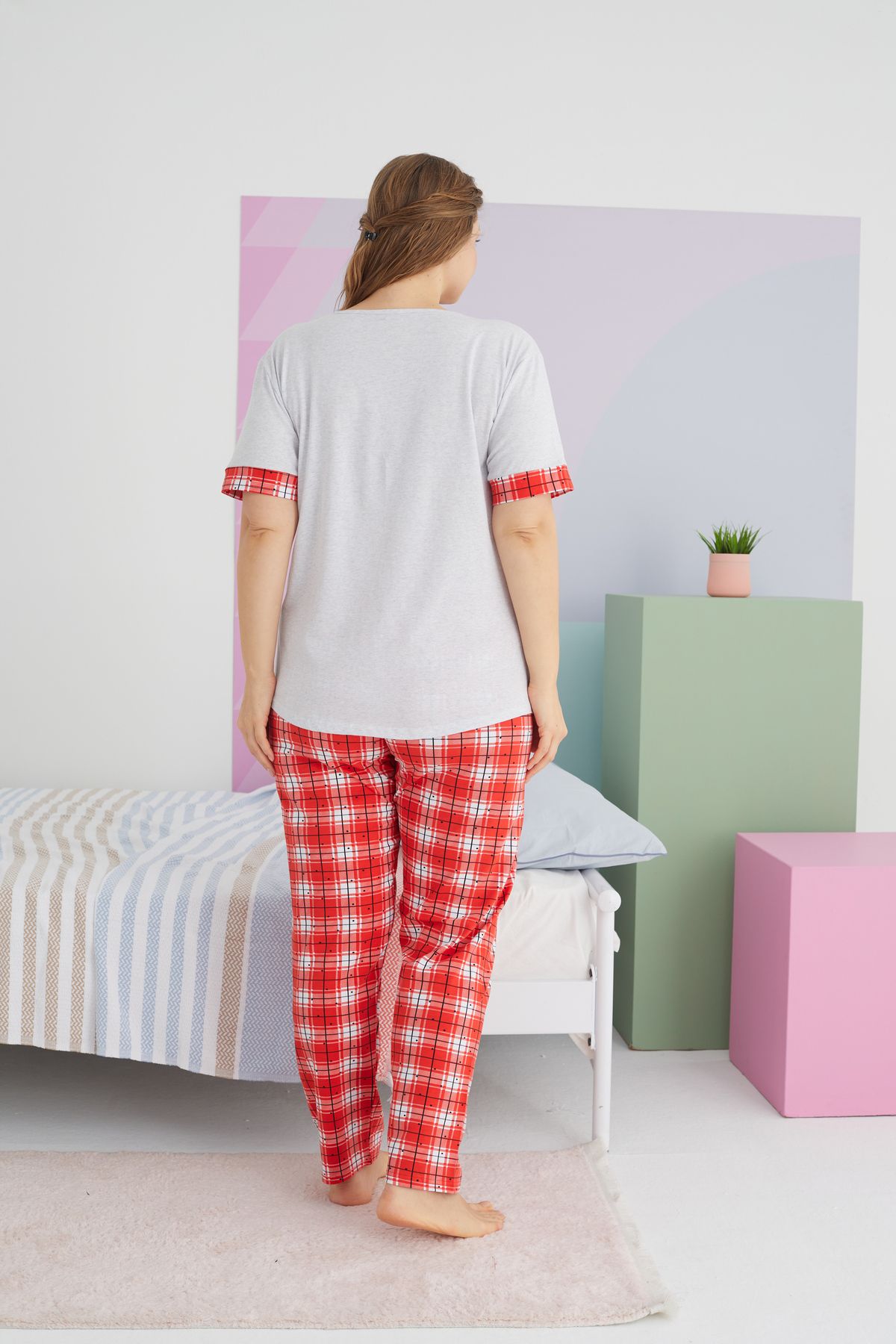Siyah İnci-Large Size Oversize Cotton Knitted Pajamas Set - Multicolor Curve 3