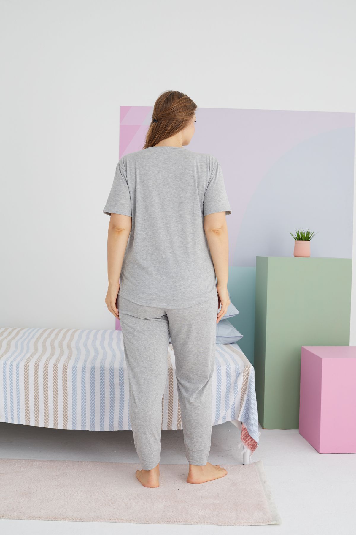 Siyah İnci-Large Size Oversize Cotton Knitted Pajamas Set - Multicolor Curve 3
