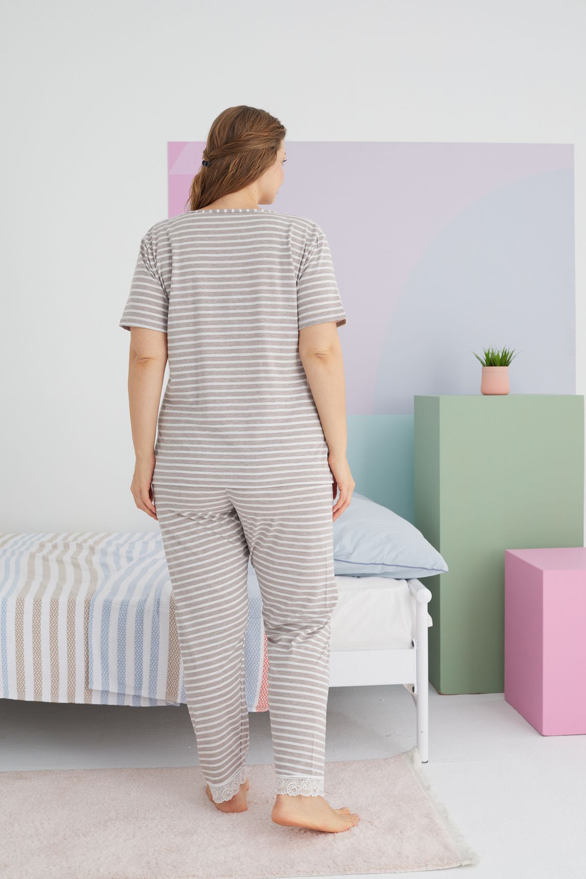 Siyah İnci-Large Size Oversize Knitted Cotton Pajama Set - Mink Curve 2
