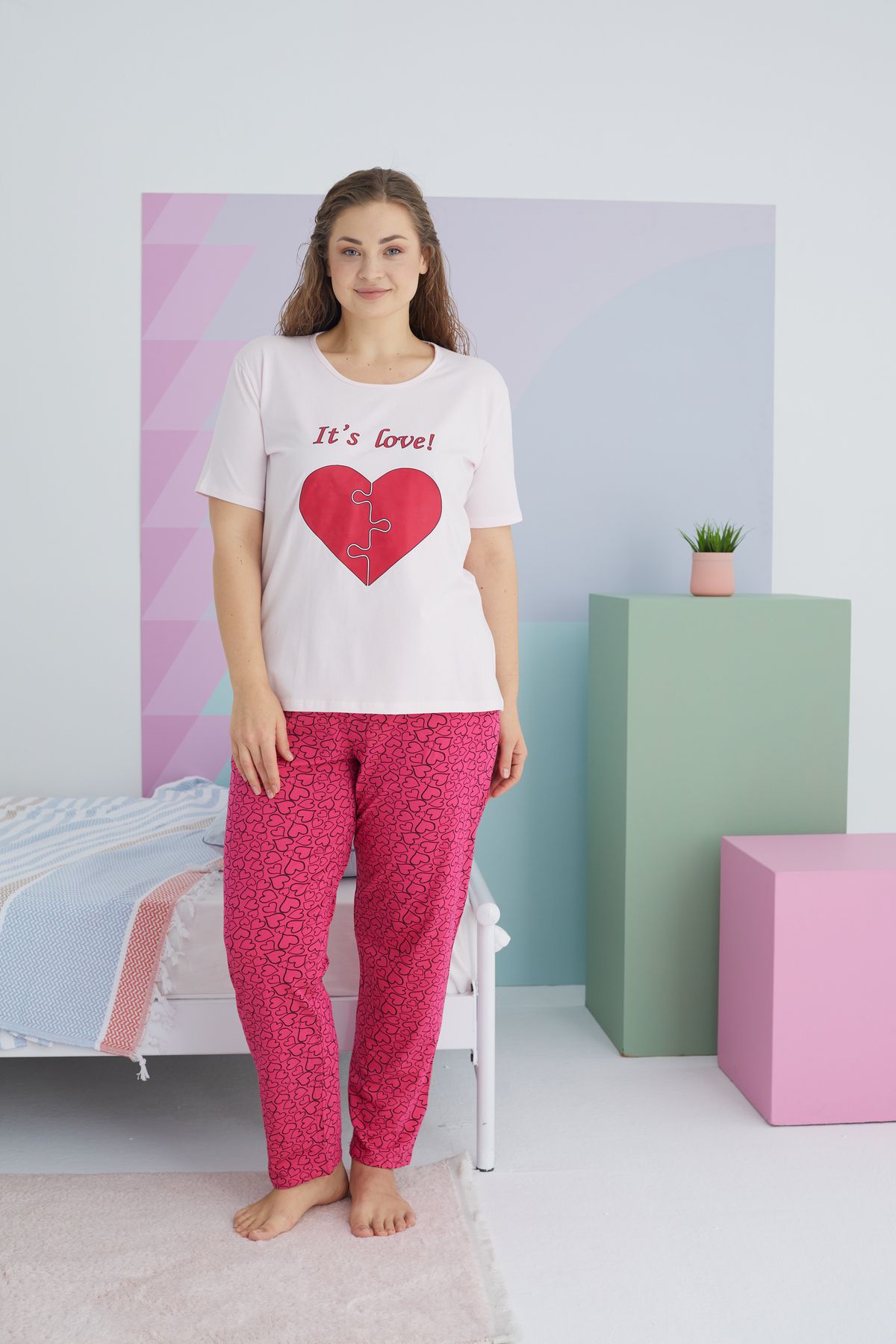 Siyah İnci-Large Size Oversize Cotton Knitted Pajamas Set - Multicolor Curve 2