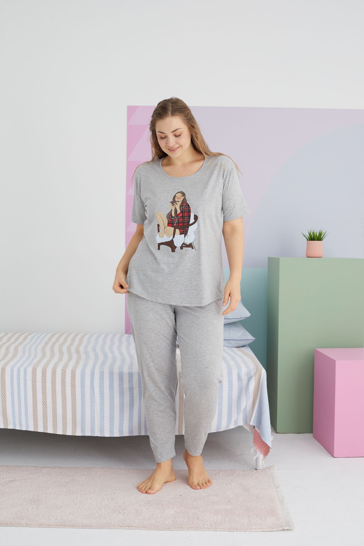 Siyah İnci-Large Size Oversize Cotton Knitted Pajamas Set - Multicolor Curve 2