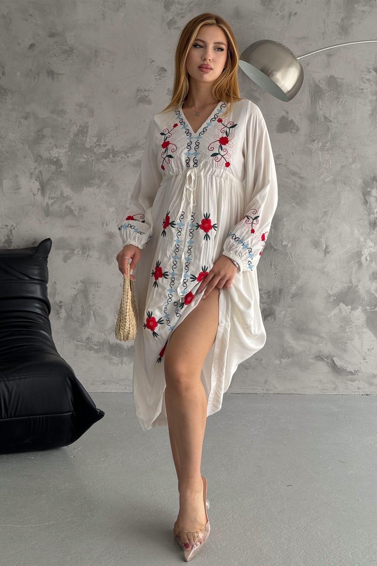 FEMELLE-Rochie de damă din bumbac brodat alba 5
