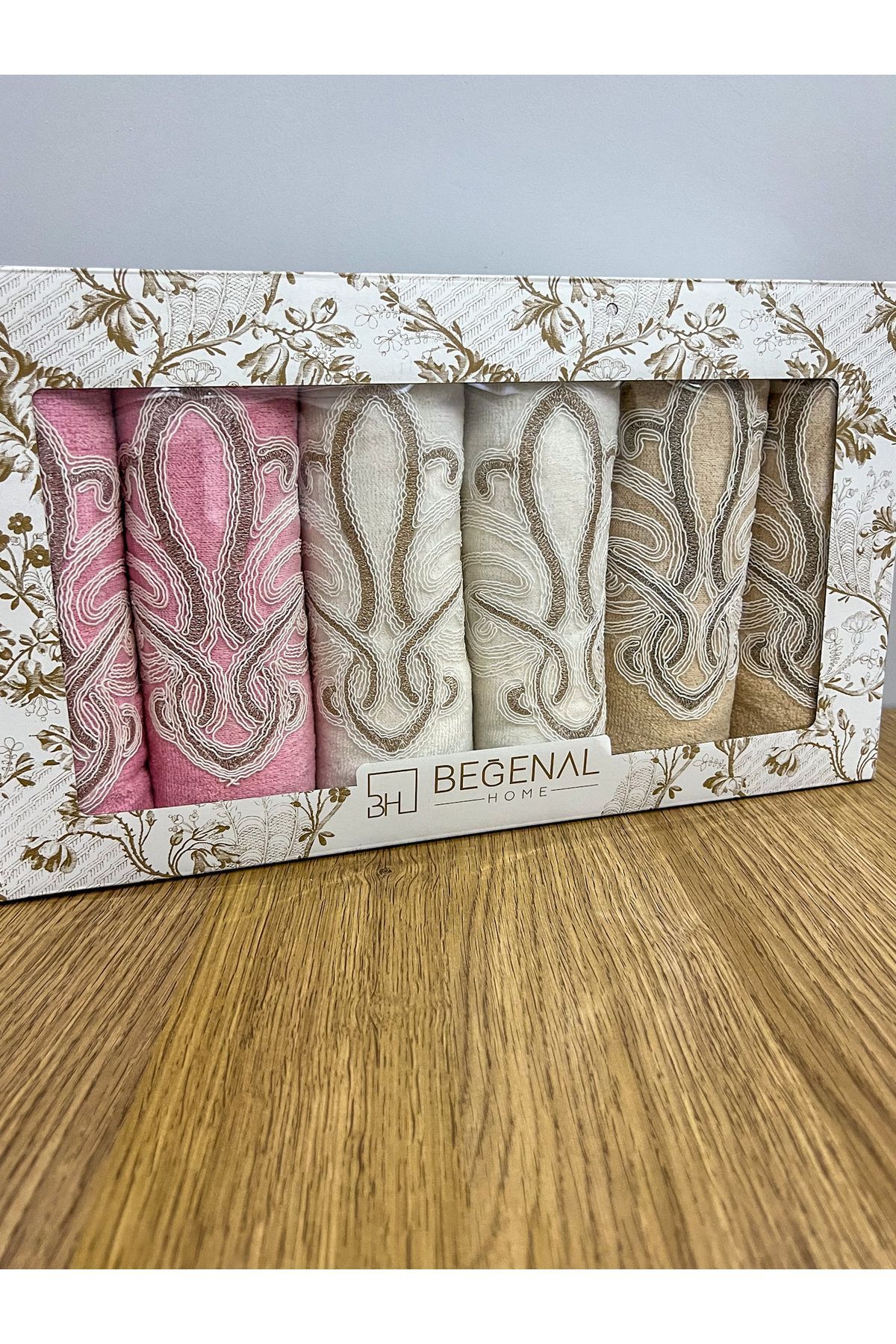 6-Piece French Guipure Embroidered Pattern Luxury Dowry 50x90 Boxed Hand Face Towel Set