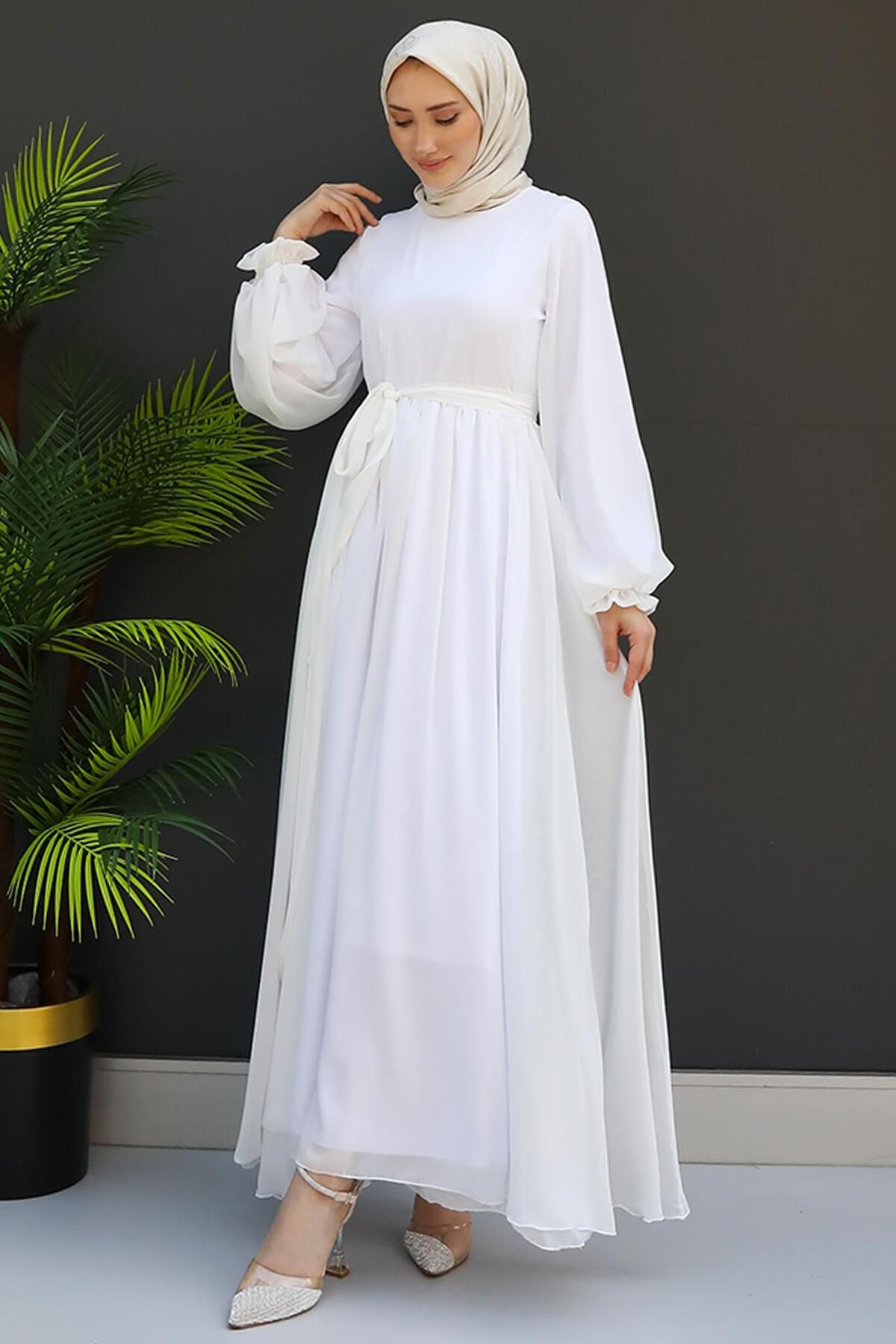 GİZ AGİYİM-Λευκό Hijab Chiffon Φόρεμα - Nare 4