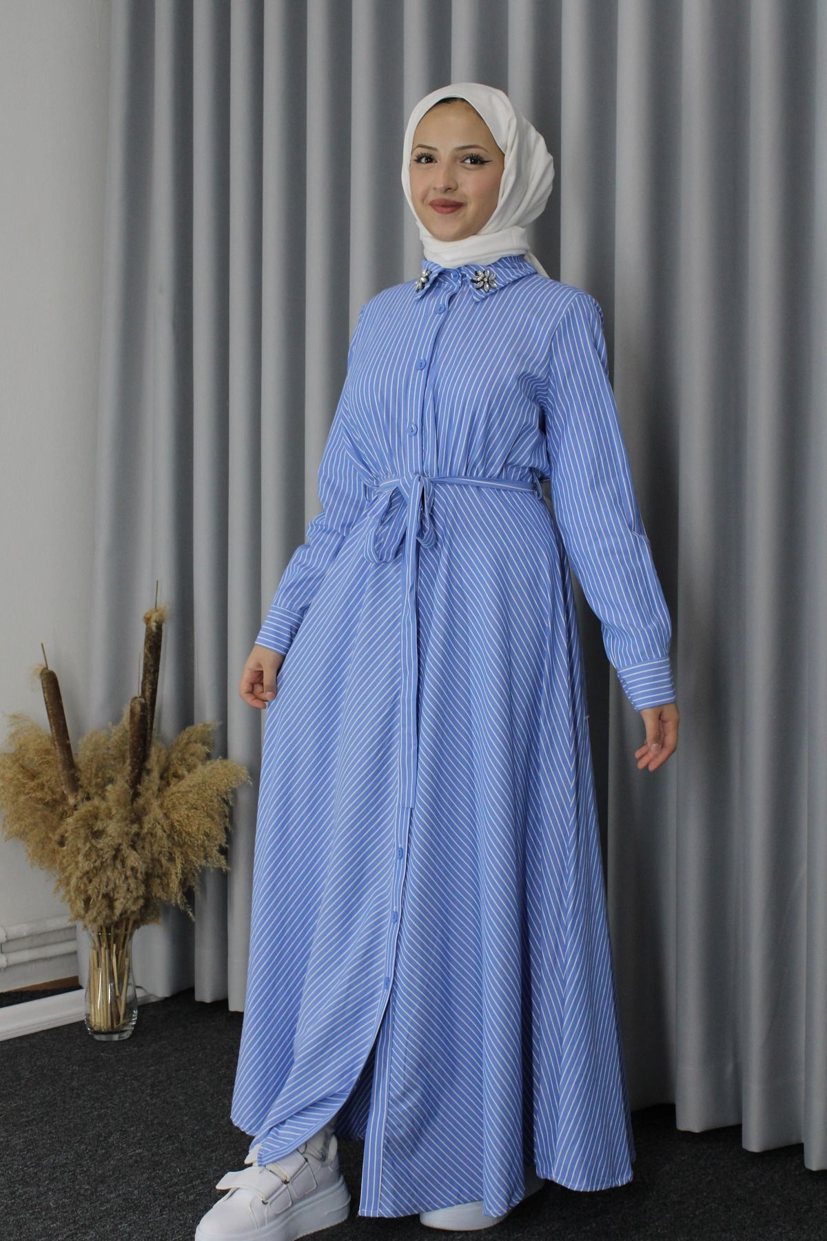 HİJAB STORE-Hijab Shirt Dress - Blue Striped 1