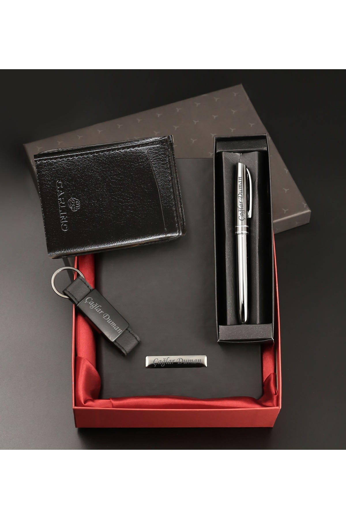 Boxed Personalized Black Notebook & Pen & Card Holder & Keychain Gift Set for Father's Day
