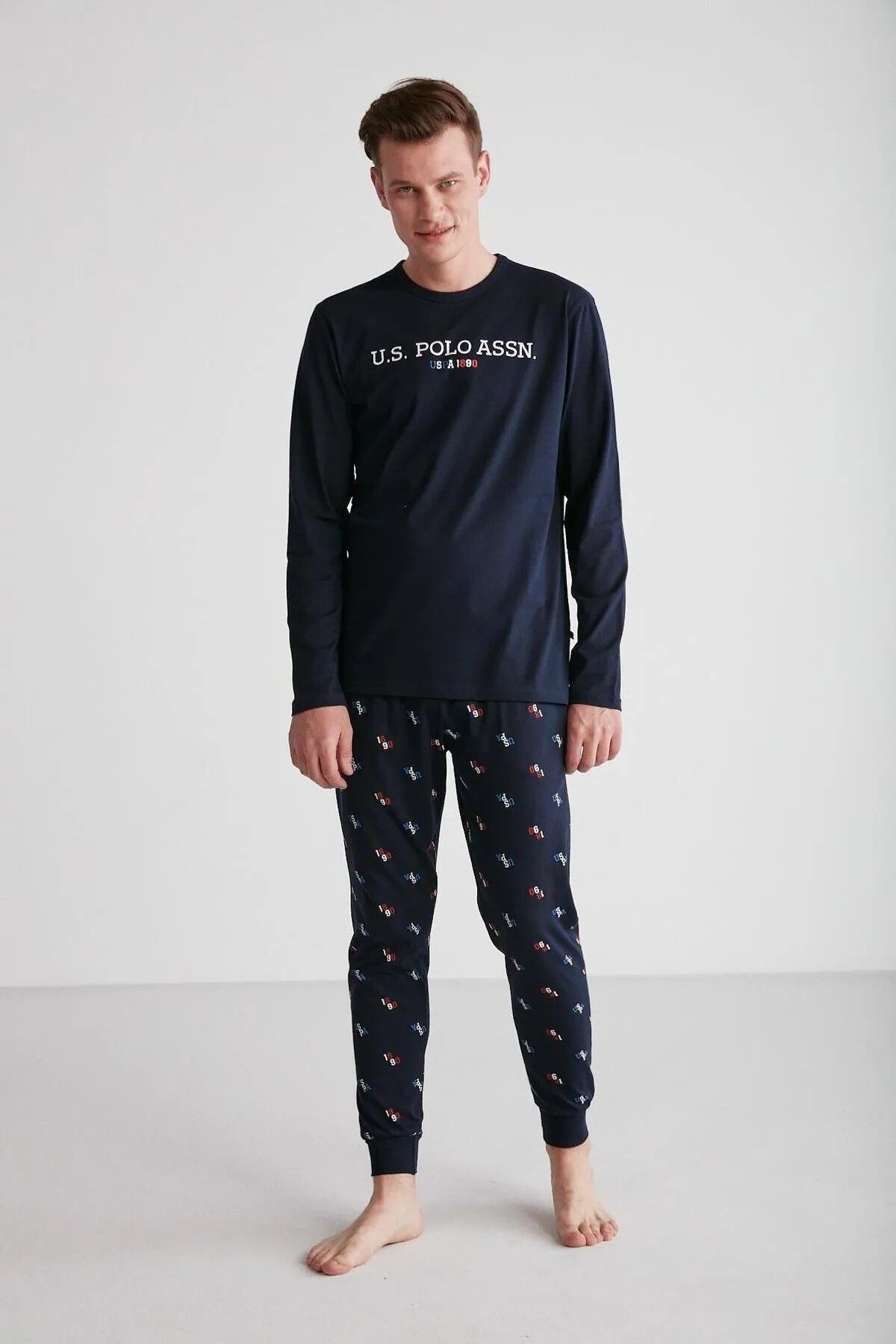 ست پیژامه آبی مردانه پایه. پولو اسن. لباس خواب یقه گرد U.S. Polo Assn.