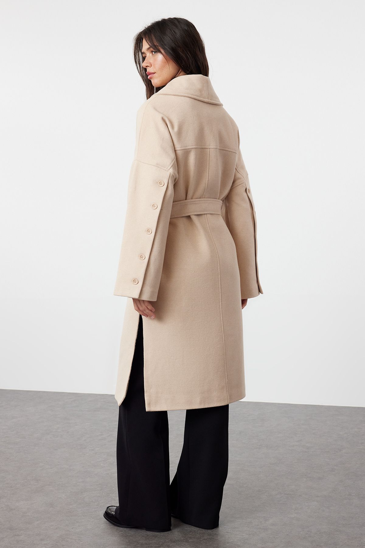Trendyol Collection-Soft Textured Ecru Oversize Coat - Button Detail and Slit Twoaw25kb00027 5