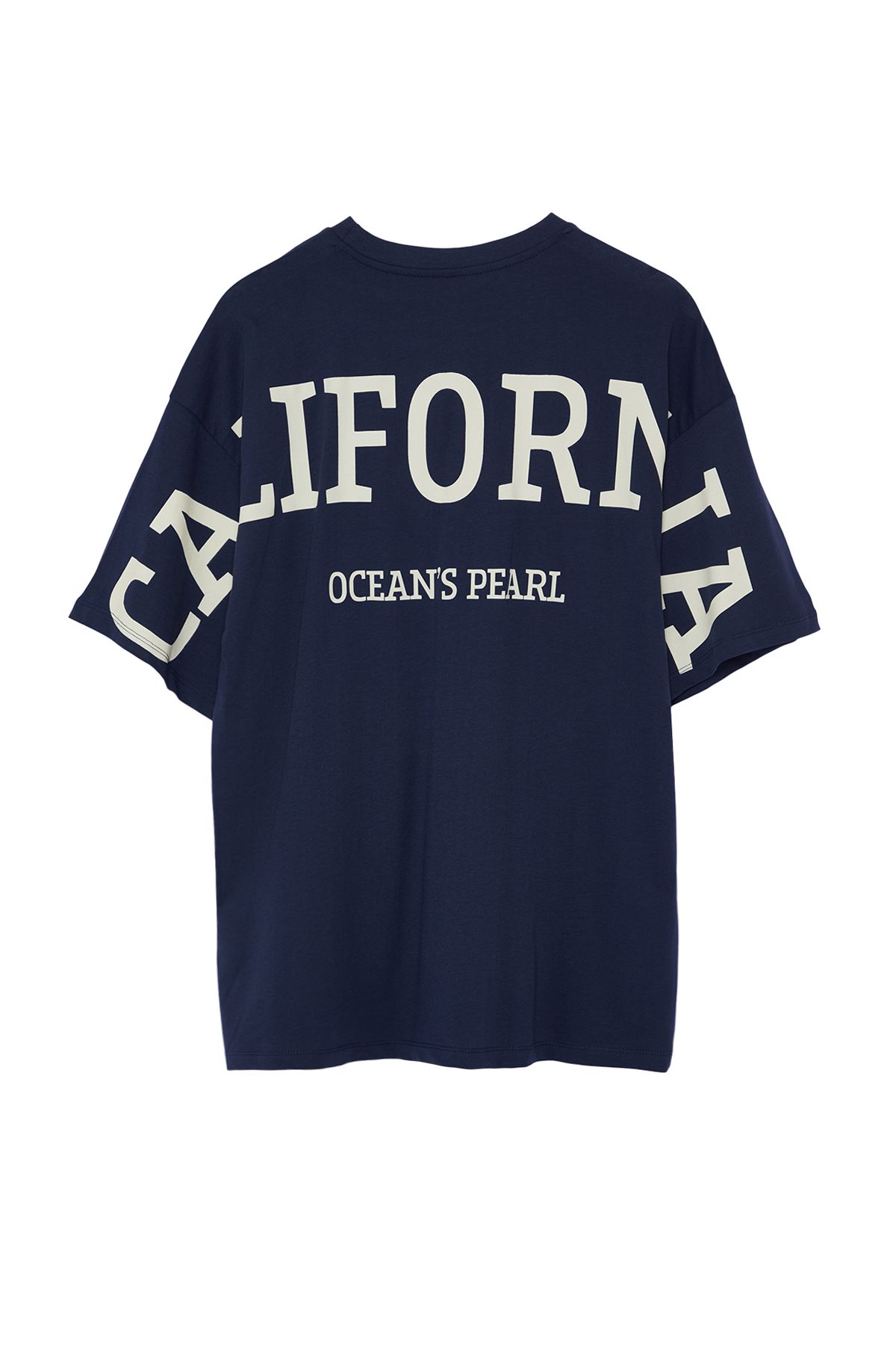 Trendyol Collection-Navy Blue Oversize Knitted T-Shirt - 100% Cotton, Back Slogan Print, TWOSS24TS00091 7