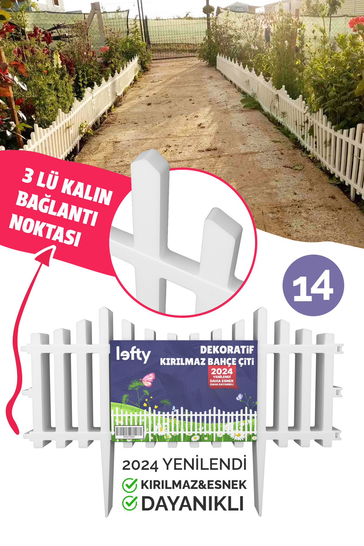 Dekoratif Bahçe Çiti Bordür Plastik Çit 59 Cm Peyzaj Çiçek Koruma Panel Beyaz 14'li (8.26 Mt)