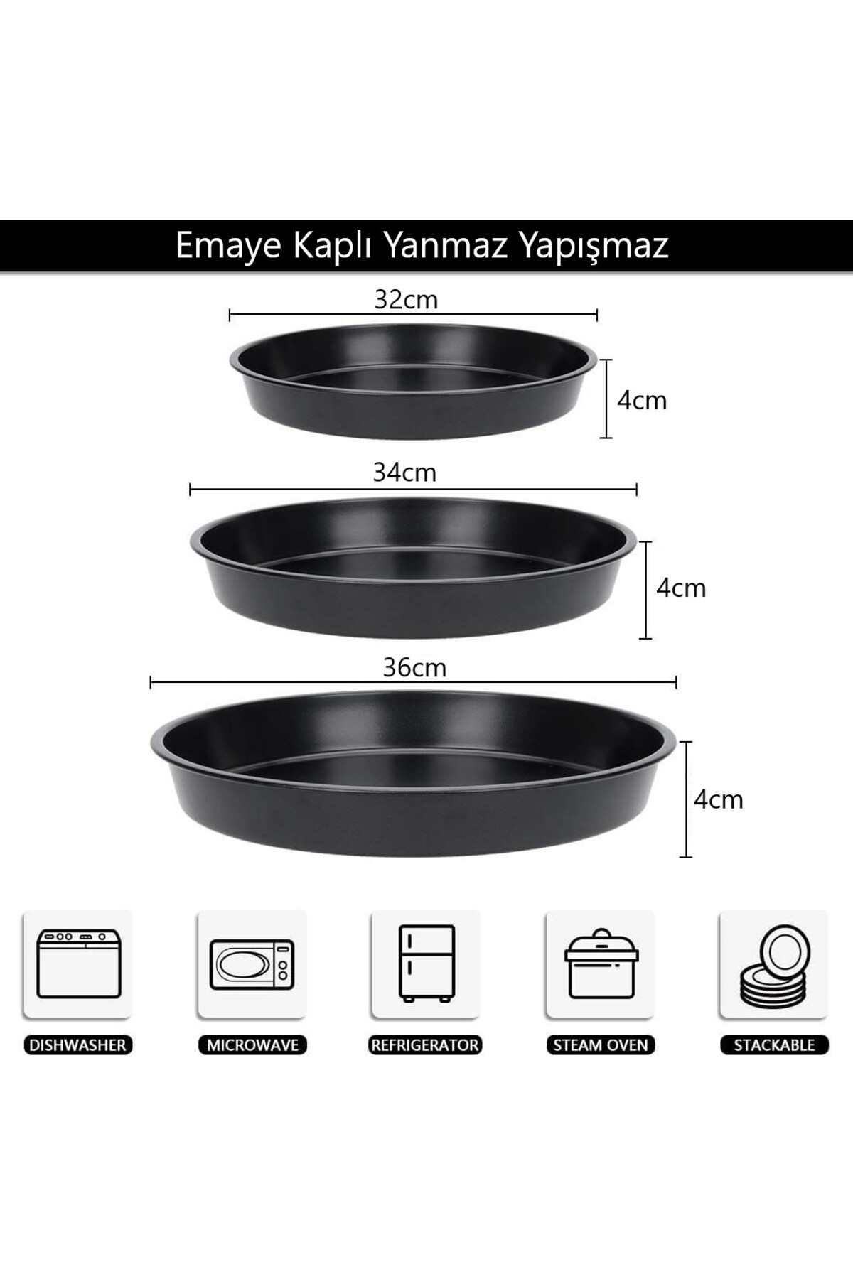 Siyah Parlak Emaye Yuvarlak 3'lü Fırın Tepsi Seti 32-34-36 Cm
