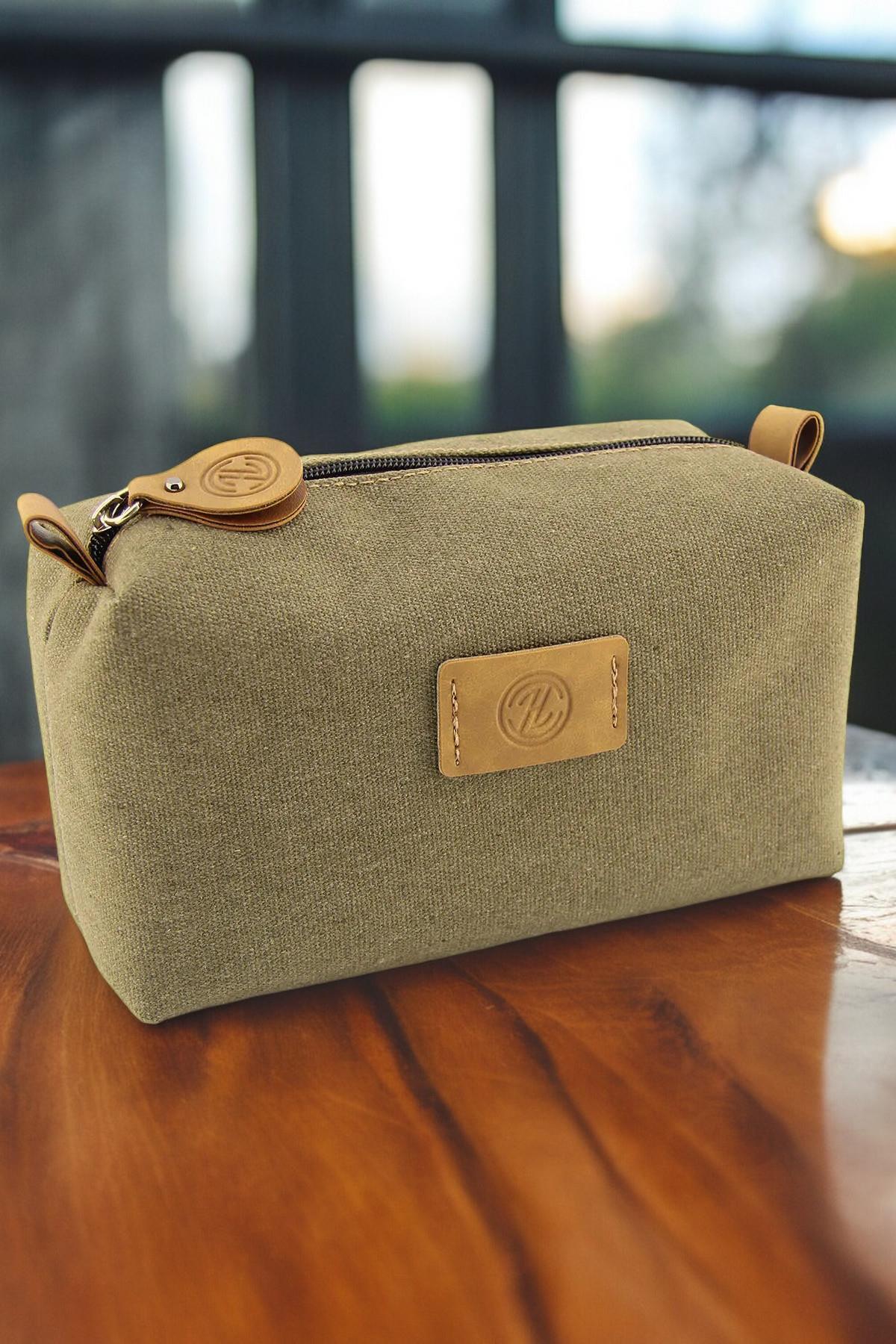 QUB CLUB Erkek Haki Kanvas Su Geçirmez Traş Çantası